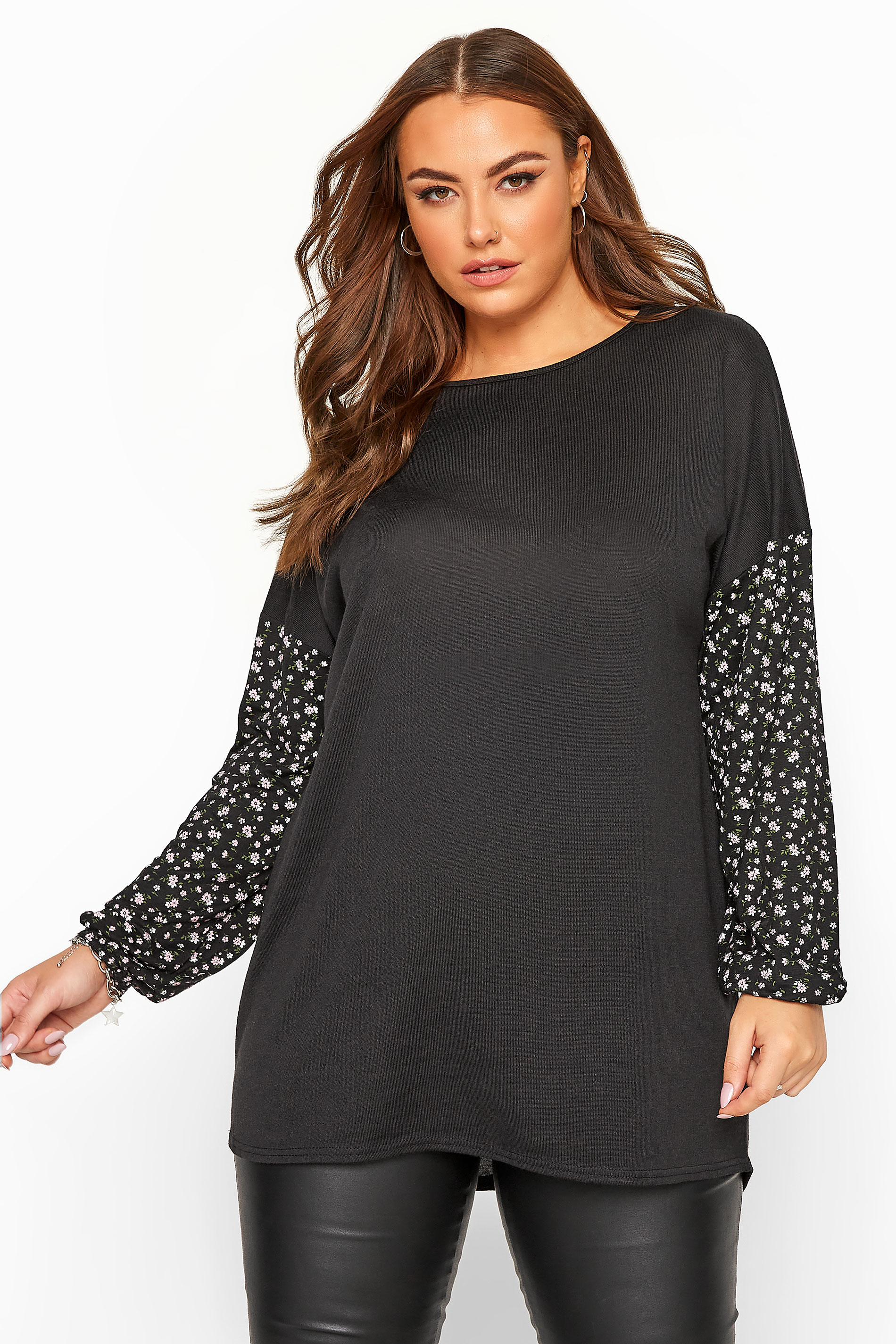Black Ditsy Sleeve Knitted Top | Yours Clothing