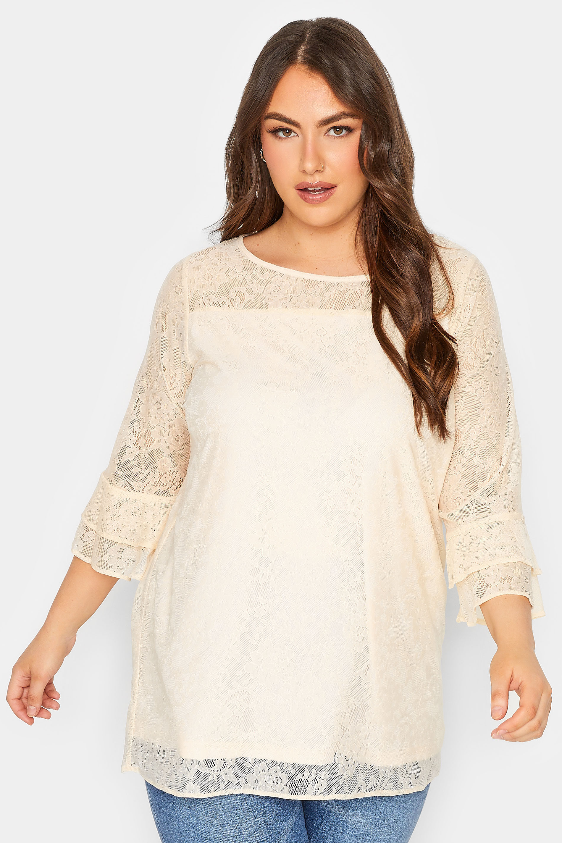 YOURS Plus Size Cream Lace Bell Sleeve Blouse | Yours Clothing 1