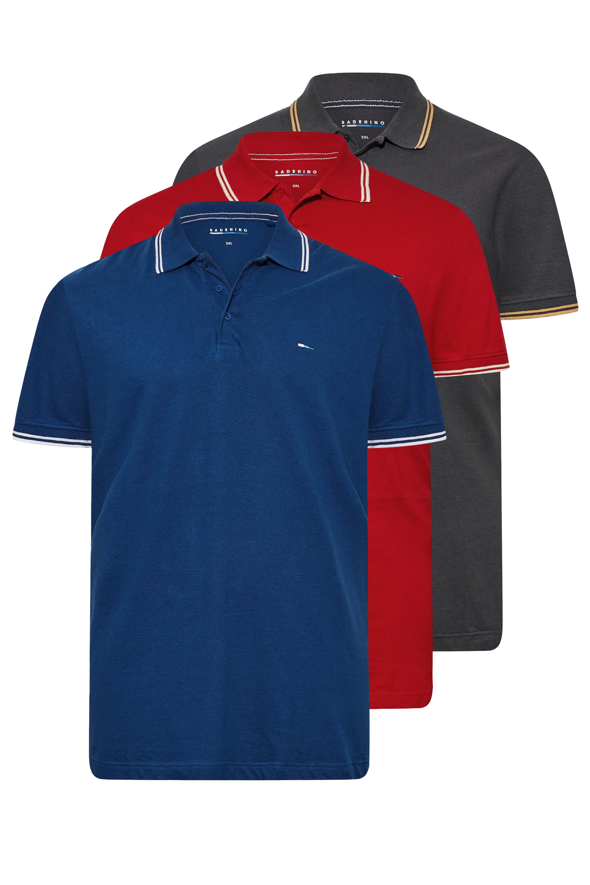 BadRhino Blue & Red 3 Pack Essential Tipped Polo Shirts | BadRhino 3