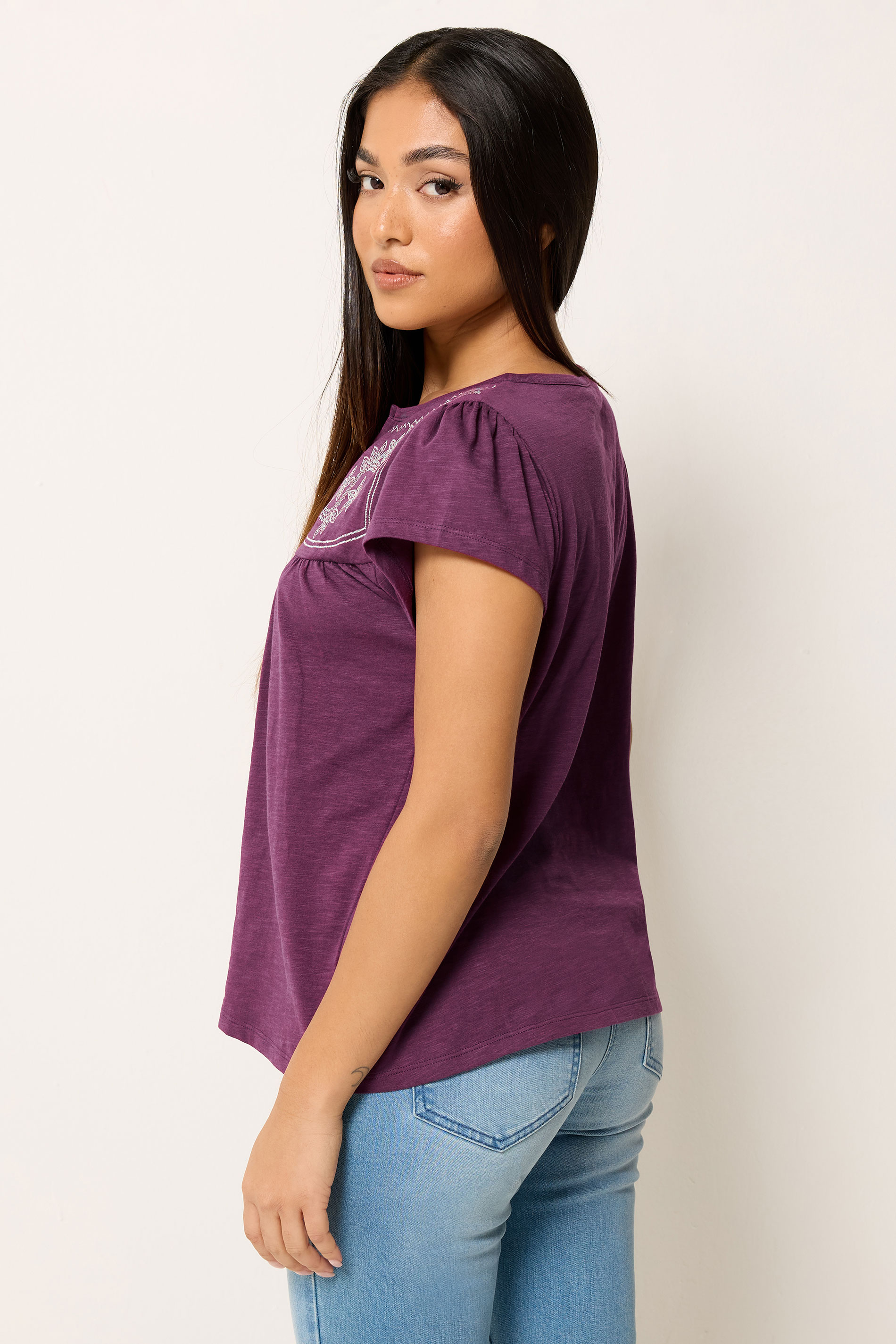 M&Co Petite Berry Purple Embroidered Cotton Notch Neck Top | M&Co  2