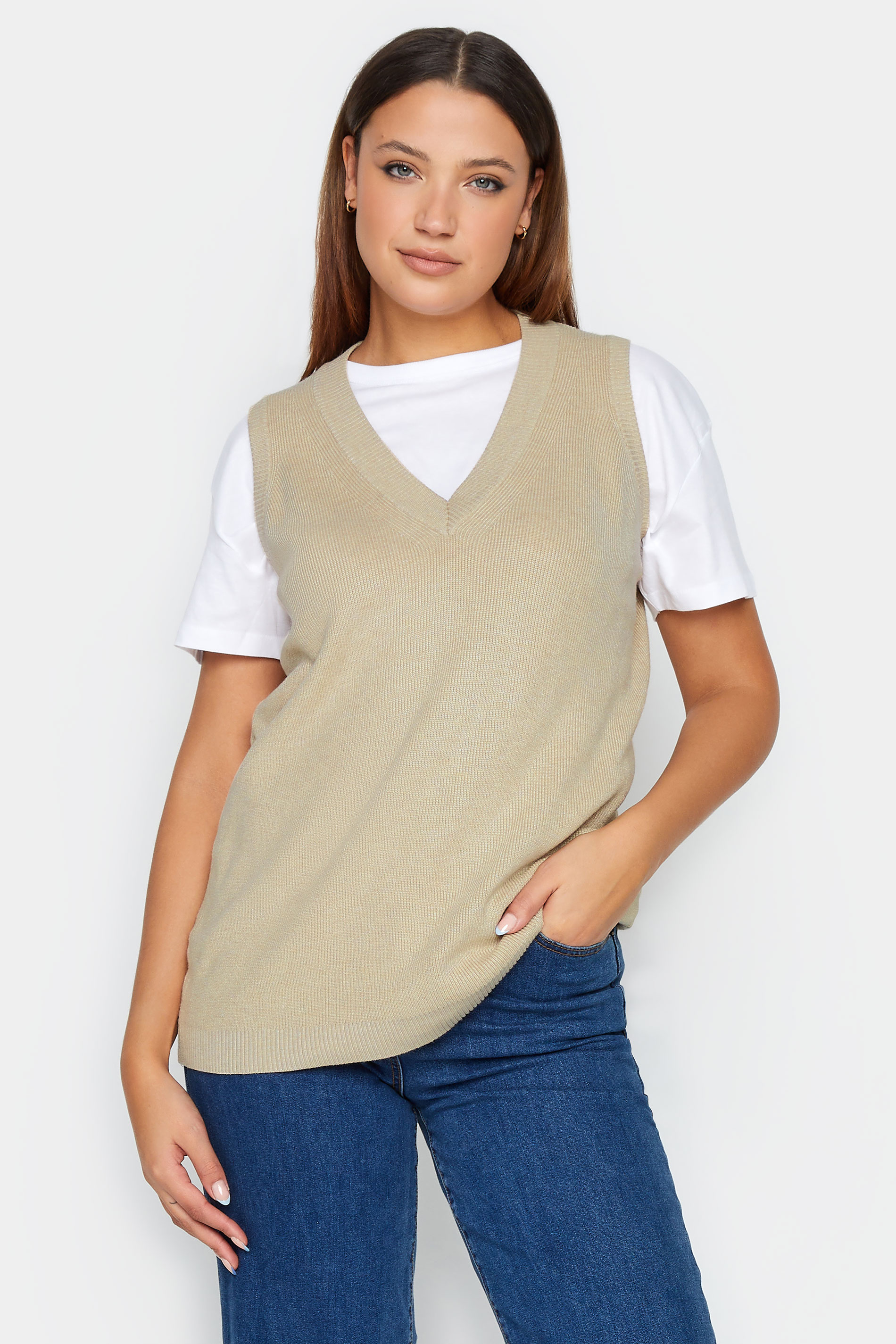 LTS Tall Women's Beige Brown V-Neck Knitted Vest Top | Long Tall Sally 1