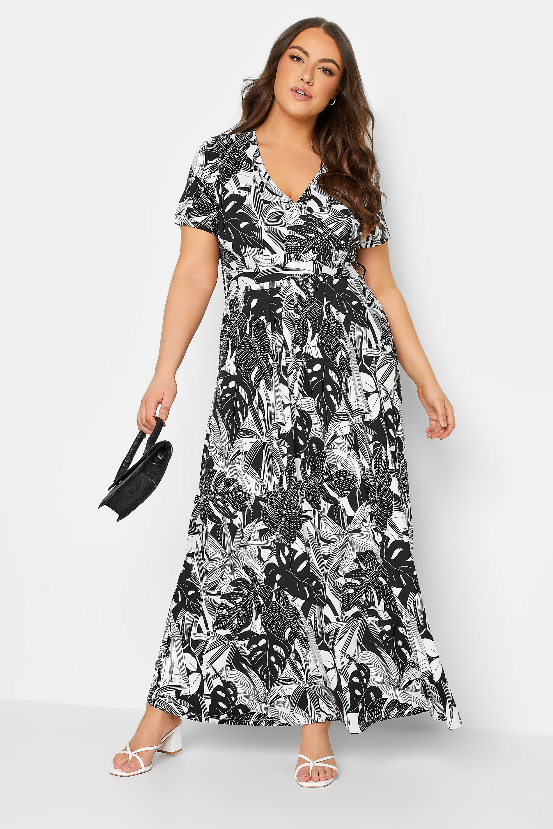 YOURS Plus Size Curve Black & White Floral Leaf Print Front Tie Maxi Dress| Yours Clothing  2