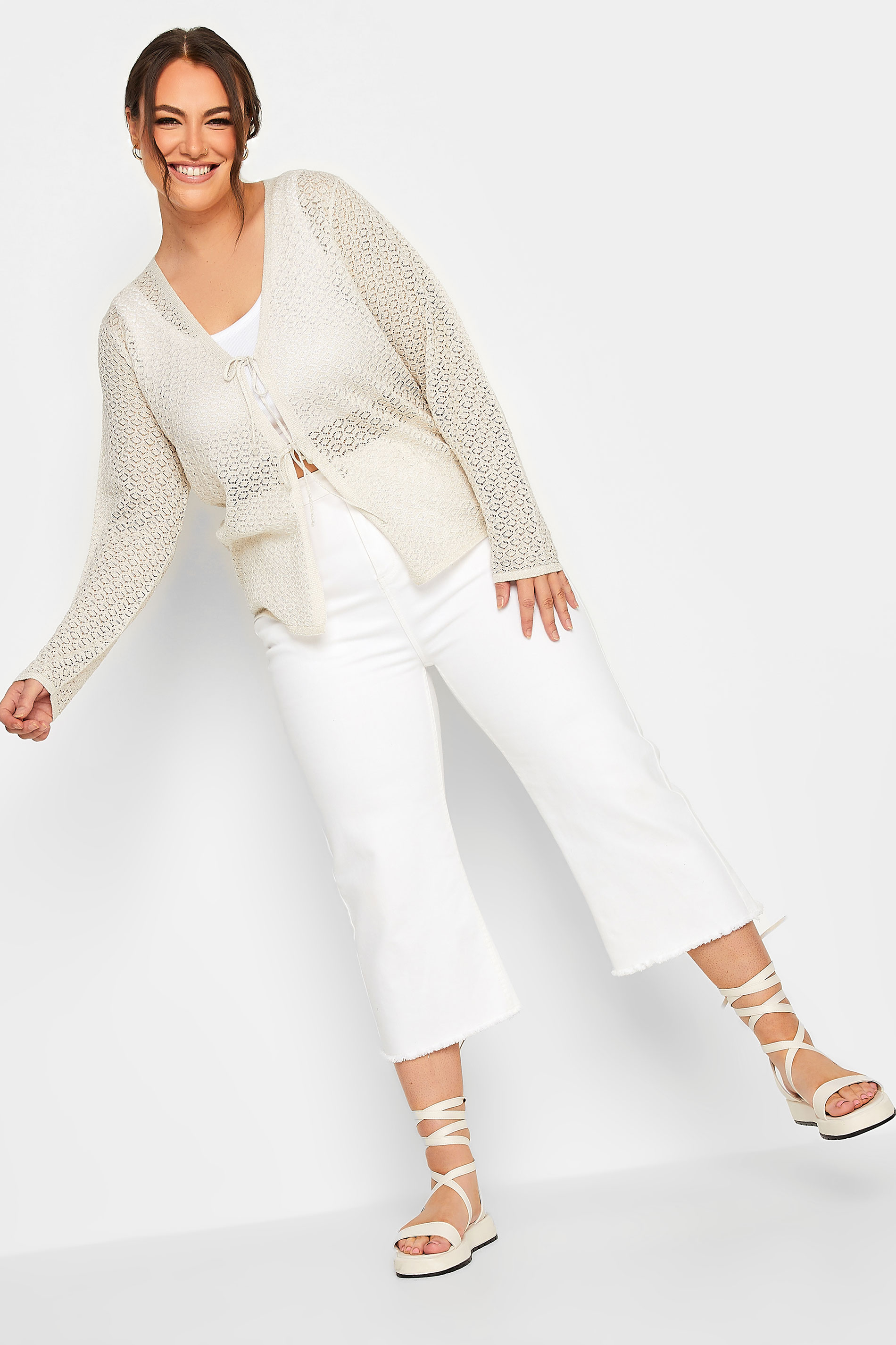 YOURS Curve Plus Size Cream Metallic Tie Knot Front Cardigan | Yours Clothing  2