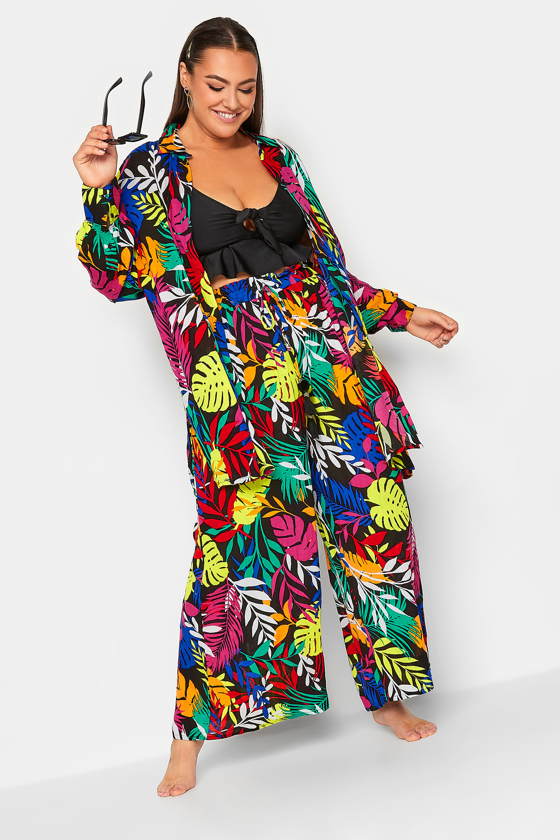 YOURS Plus Size Black Tropical Print Wide Leg Beach Trousers | Yours Clothing 3