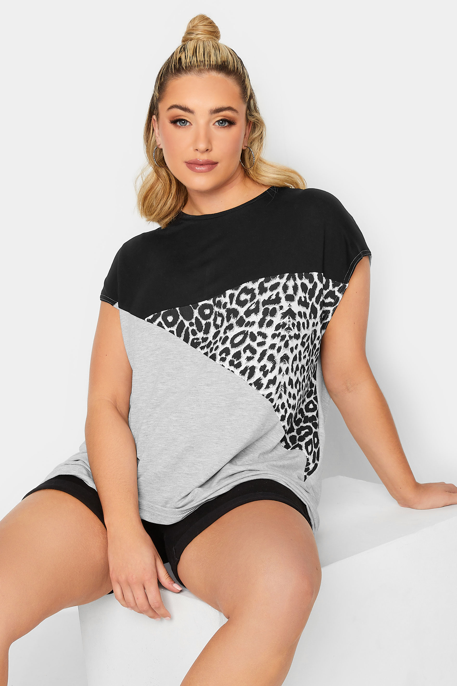 LIMITED COLLECTION Plus Size Black Leopard Print Colour Block T-Shirt | Yours Clothing  1