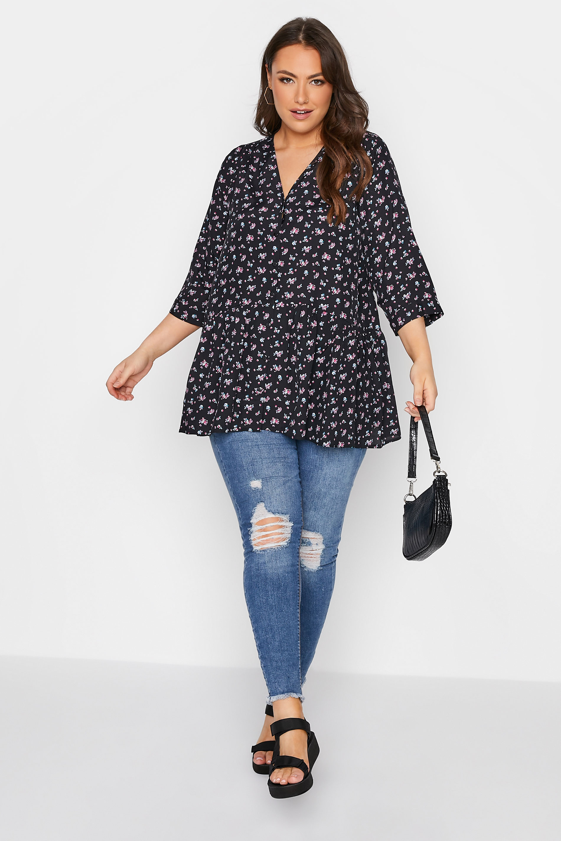 Plus Size Black Floral Print Smock Blouse | Yours Clothing 3