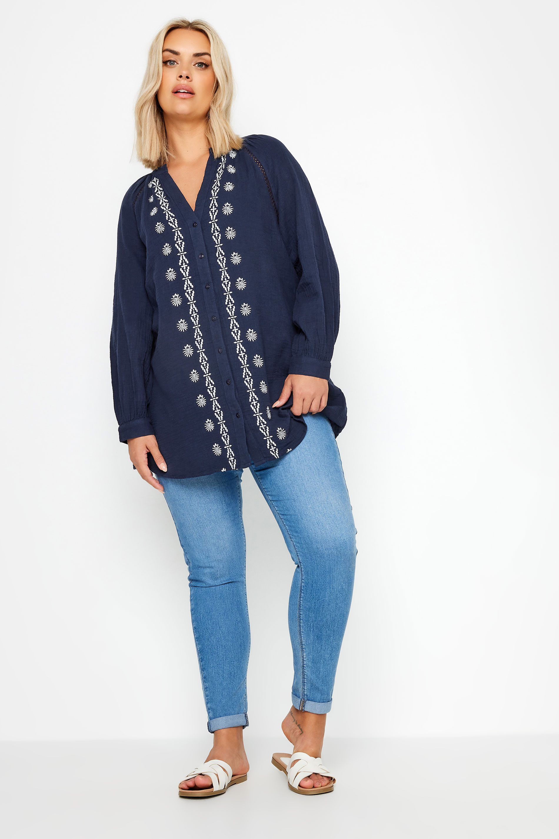 YOURS Plus Size Navy Blue & White Cheesecloth Blouse | Yours Clothing 3
