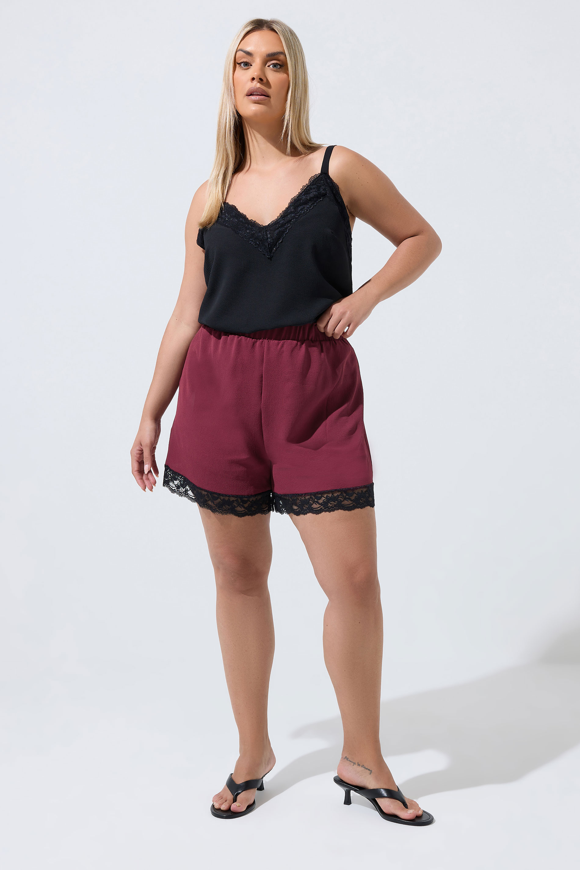 LIMITED COLLECTION Plus Size Burgundy Red Lace Trim Shorts | Yours Clothing 1
