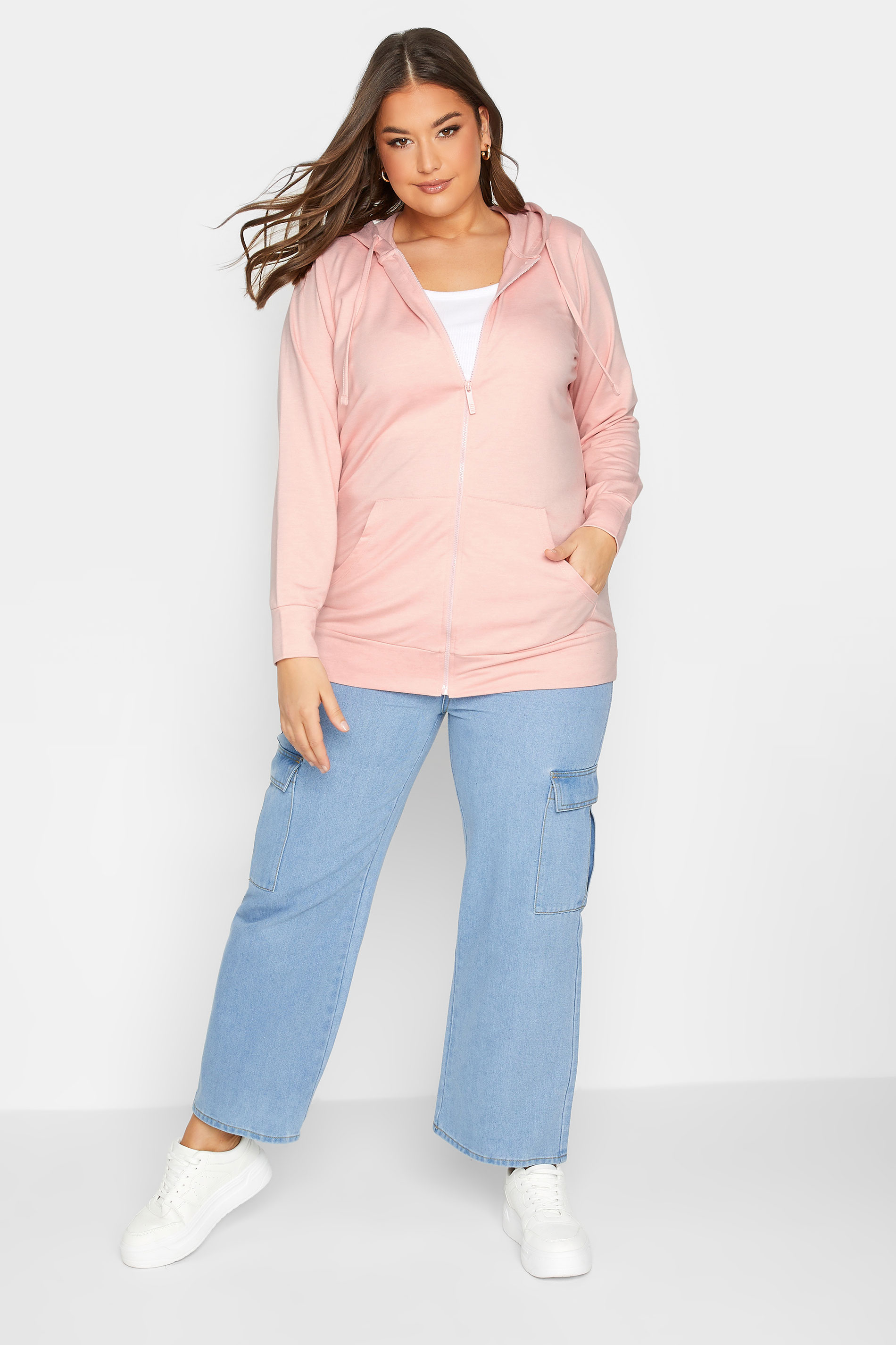 Plus Size Light Pink Zip Through Hoodie | Yours Clothing 2