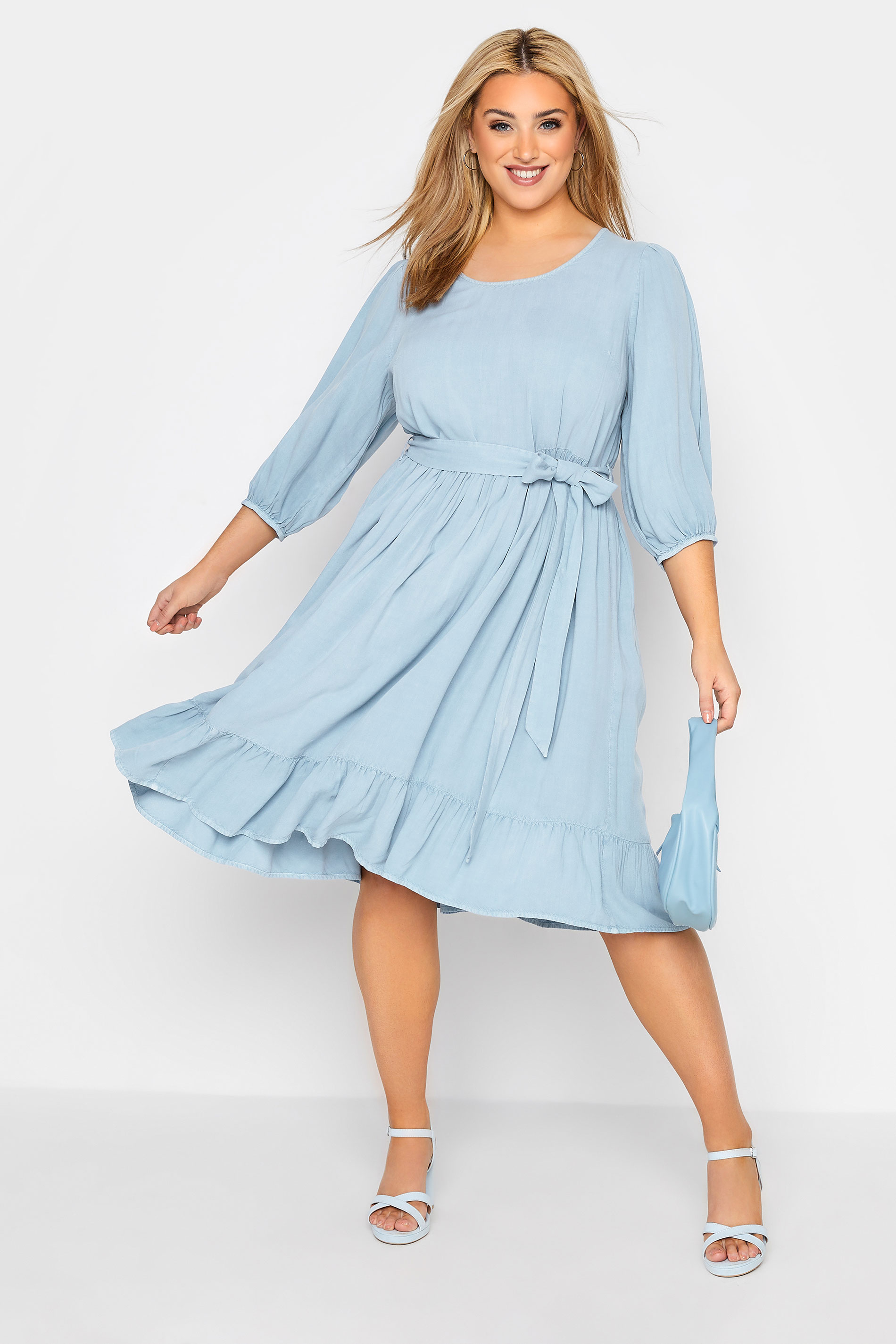 YOURS LONDON Curve Blue Tiered Chambray Dress 1