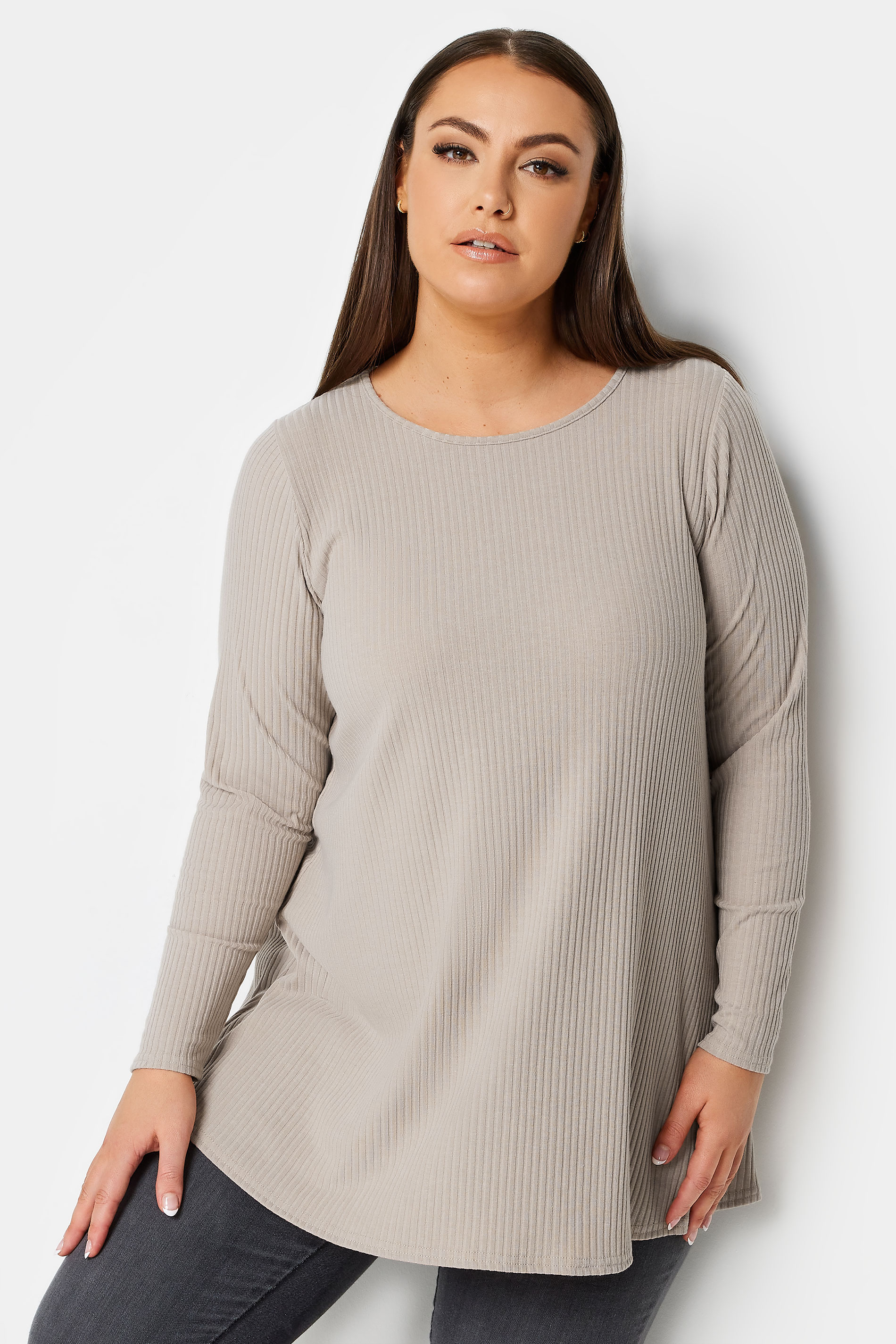 YOURS Plus Size Stone Brown Ribbed Swing T-Shirt | Yours Clothing 1