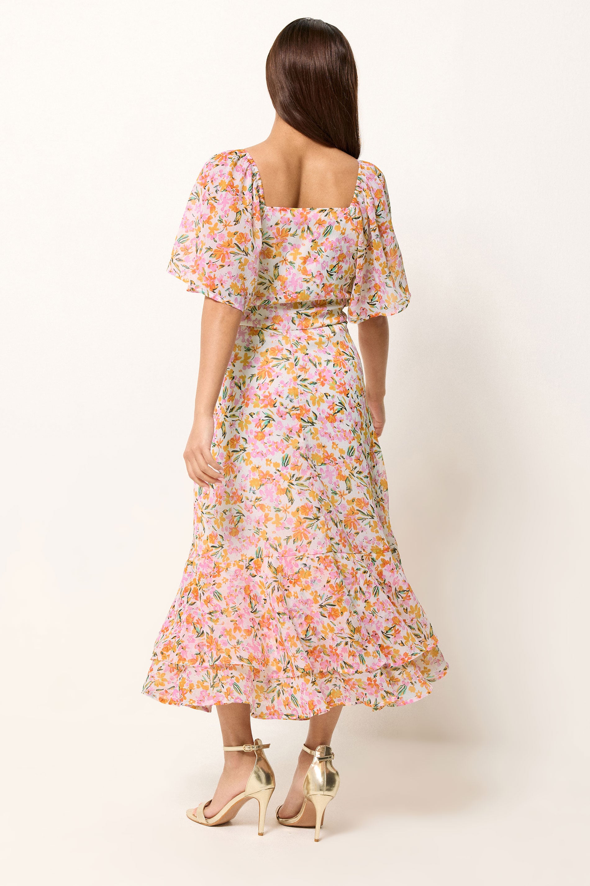 PixieGirl Petite Women's Pink Floral Chiffon Midi Dress | PixieGirl 4