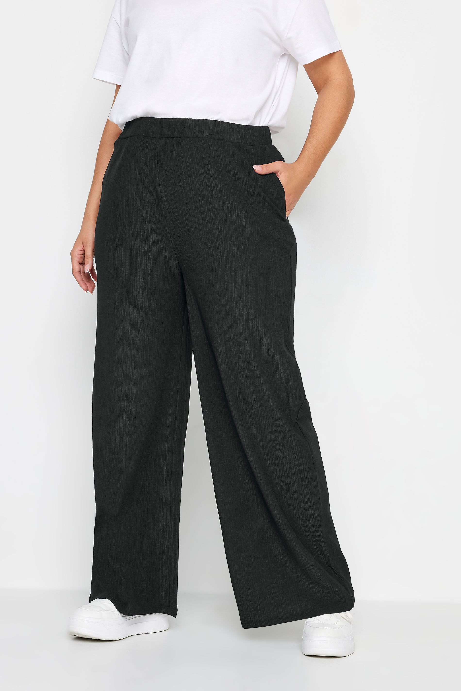 YOURS Plus Size Black Textured Wide Leg Trousers | Yours Clothing 2
