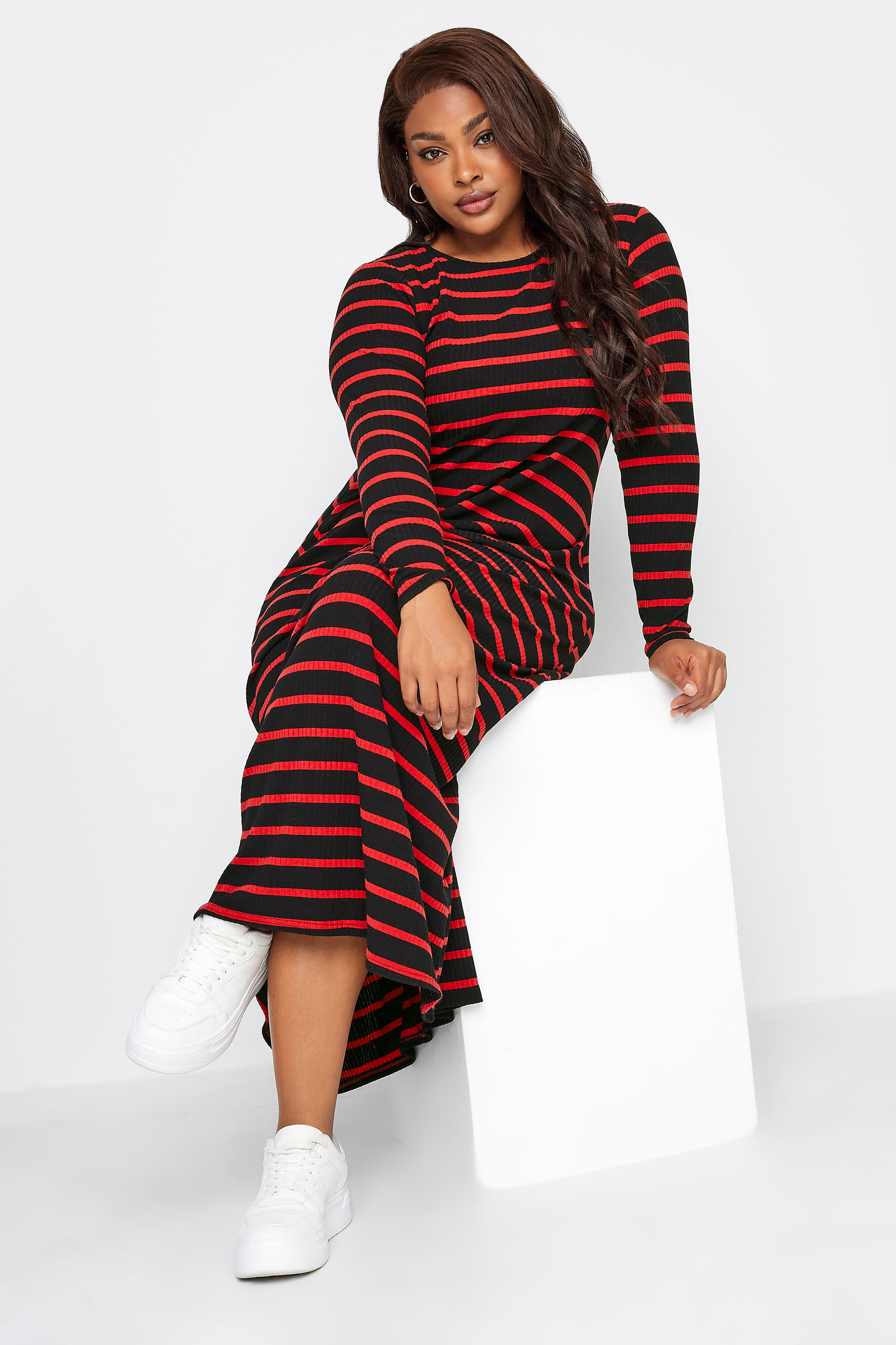YOURS Curve Red Striped Ribbed Long Sleeve Swing Maxi Dress | Yours Clothing 2