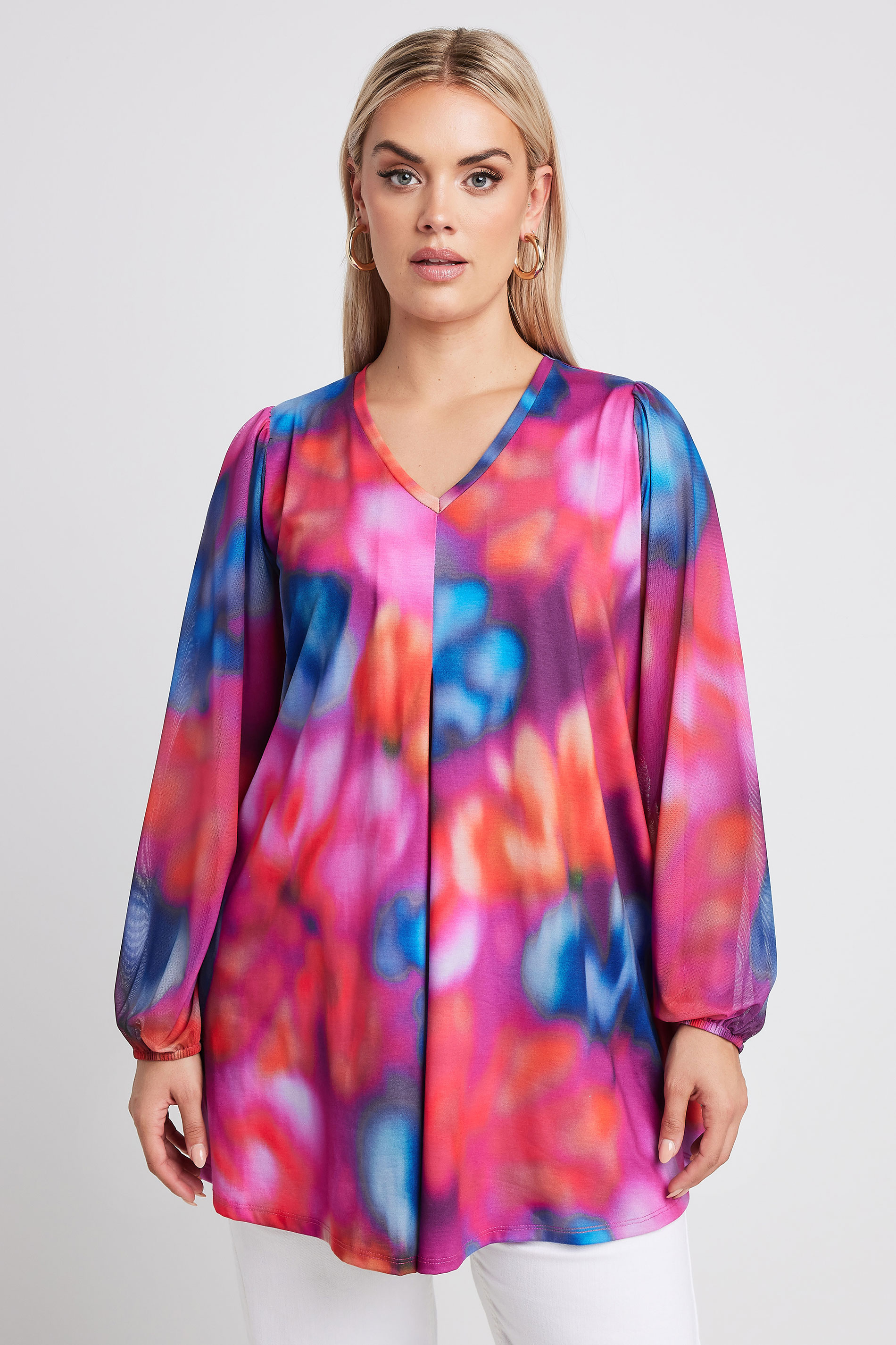 YOURS Plus Size Pink Abstract Print Mesh Swing Top | Yours Clothing 1