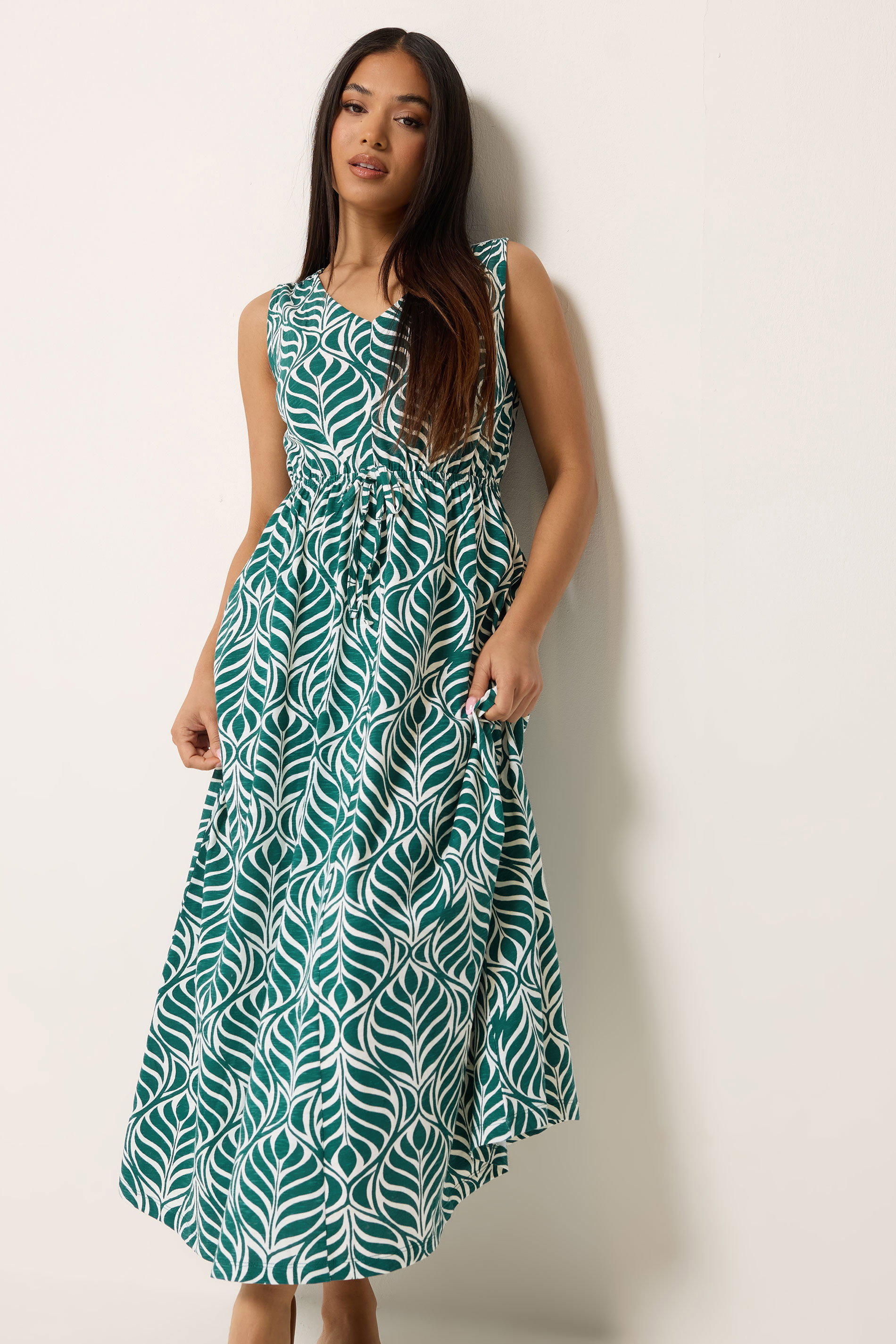 M&Co Petite Green Leaf Print Cotton Maxi Dress | M&Co 1