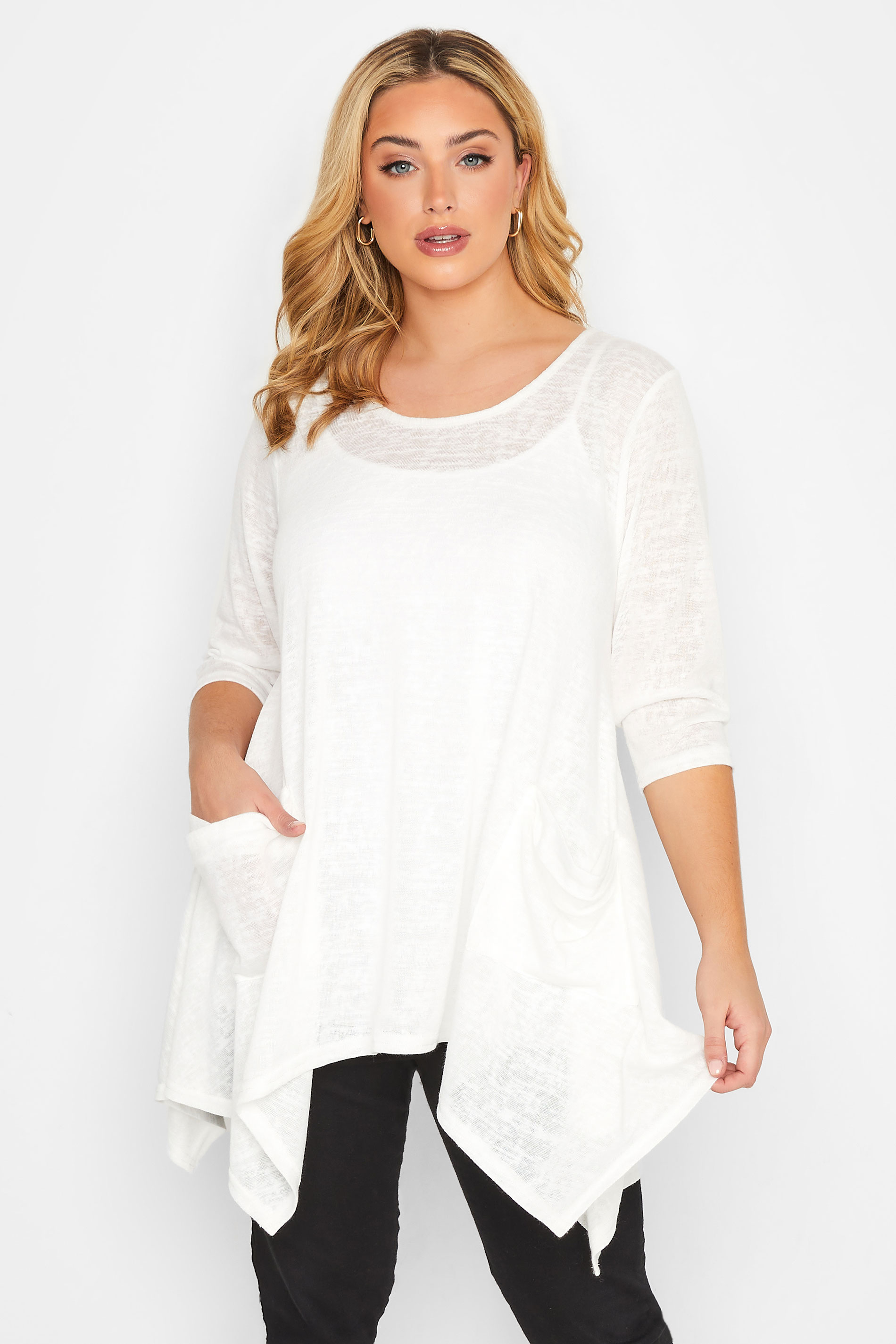 Plus Size White Knitted Pocket Top | Yours Clothing 1