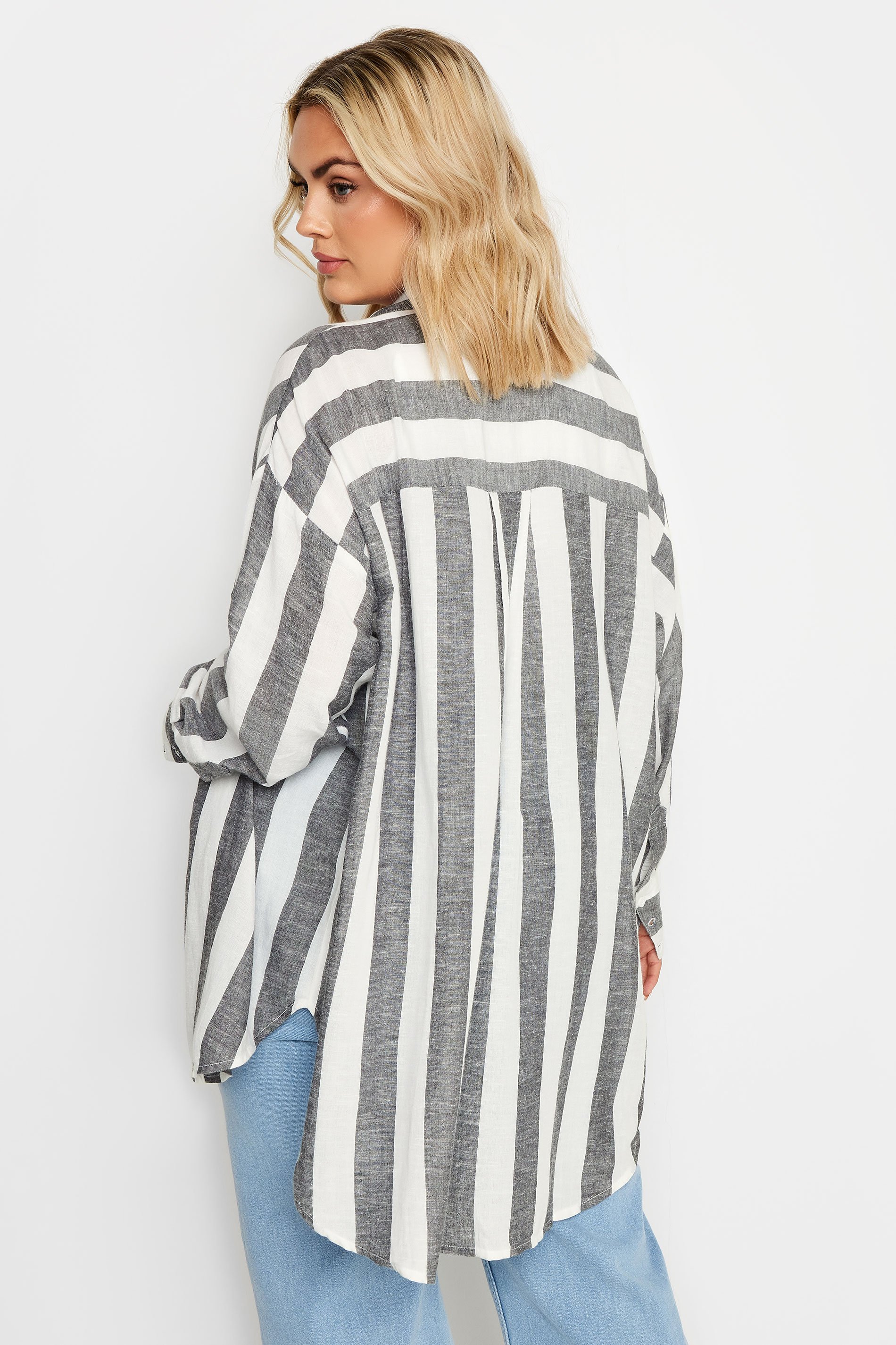 YOURS Curve White & Grey Striped Linen Shirt | Yours Clothing