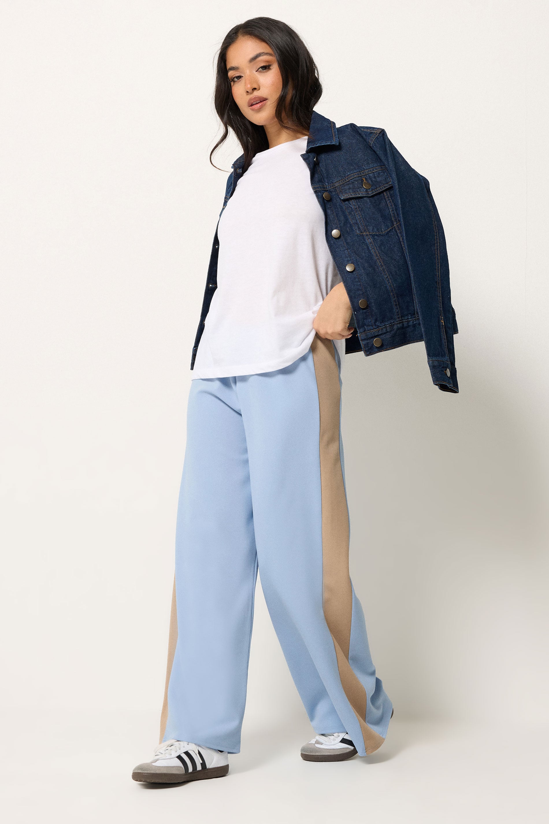 PixieGirl Petite Women's Light Blue Side Stripe Scuba Wide Leg Trousers | PixieGirl 3