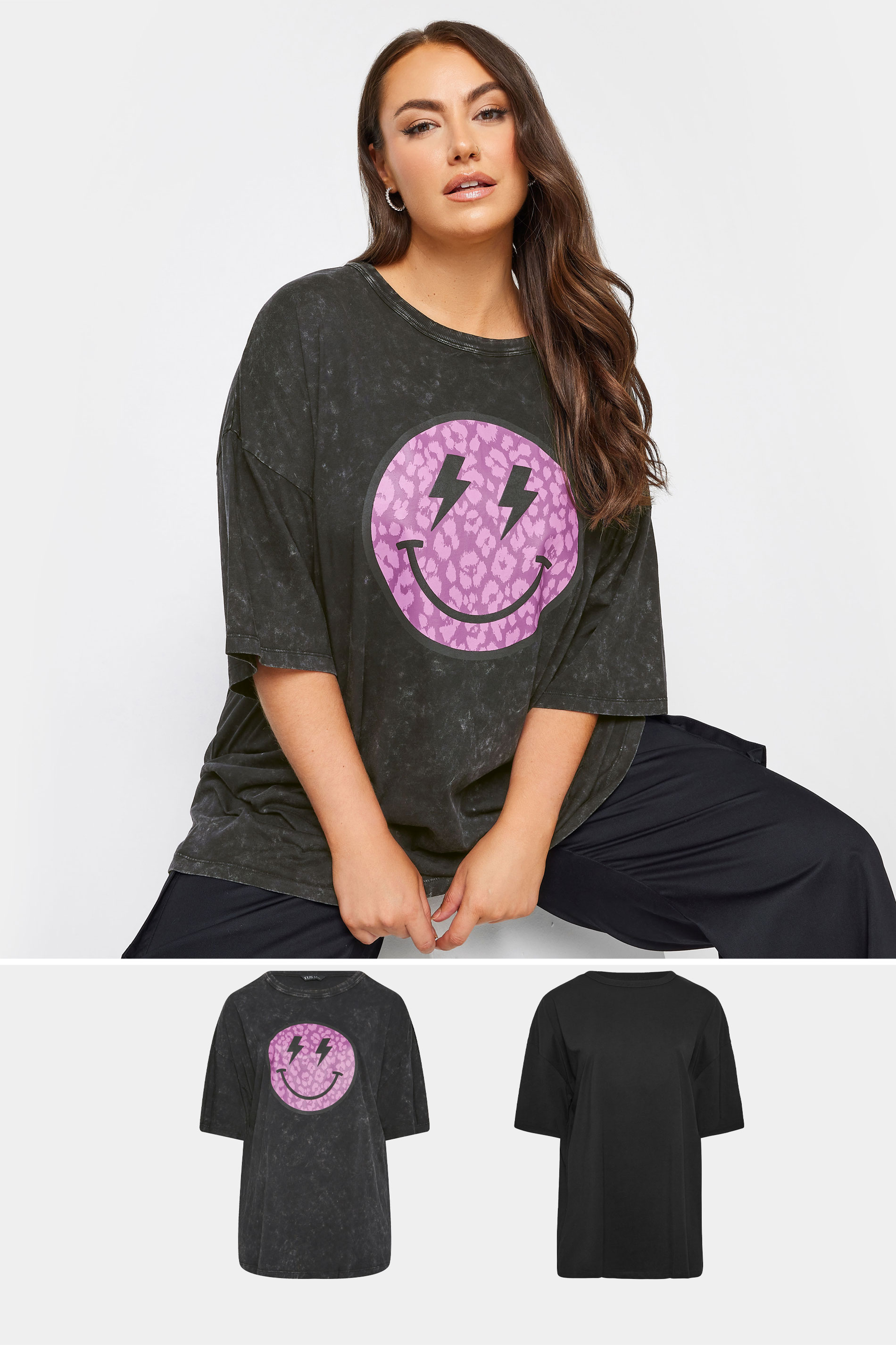 YOURS Curve Plus Size Charcoal Grey & Black Leopard Print Smiley Face T-Shirt | Yours Clothing  1