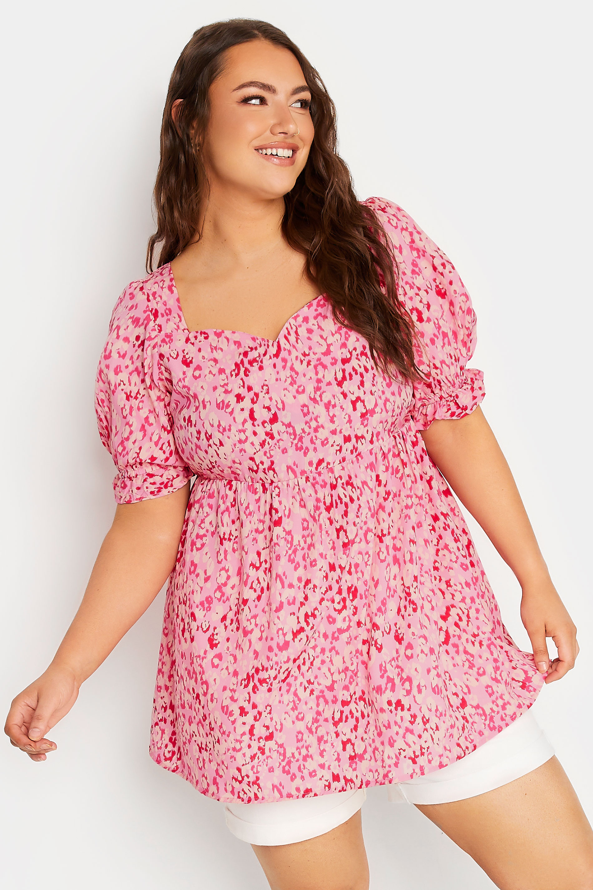 YOURS Plus Size Pink Animal Print Puff Sleeve Top | Yours Clothing 1