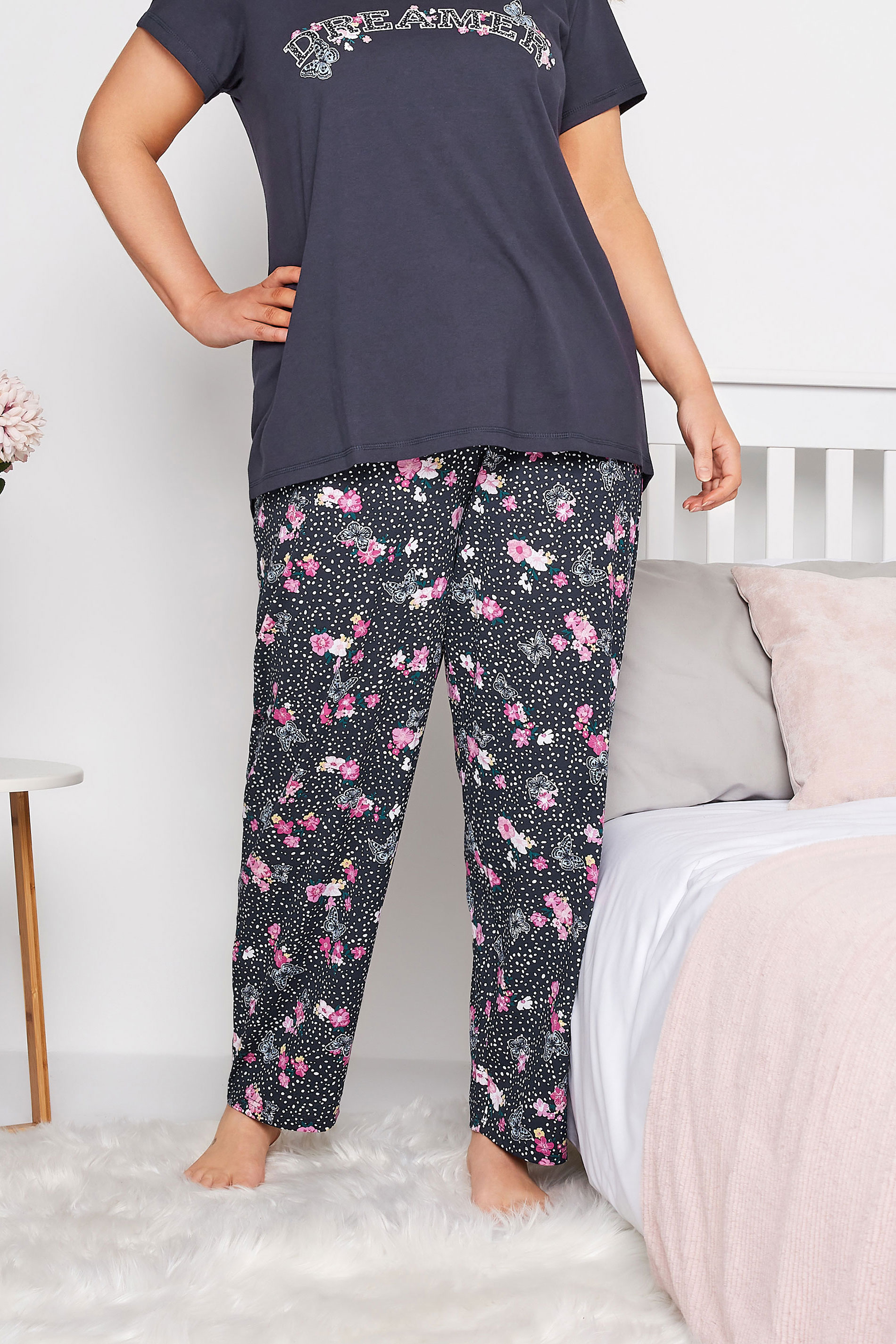 Plus Size Navy Blue Mixed Print Wide Leg Pyjama Bottoms | Yours Clothing  1