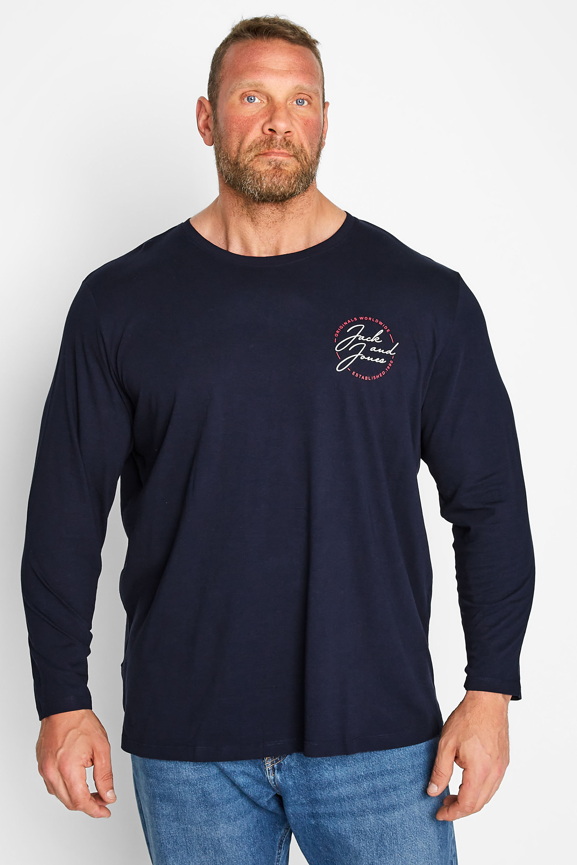 JACK & JONES Big & Tall Navy Blue Long Sleeve Printed Logo T-Shirt 1