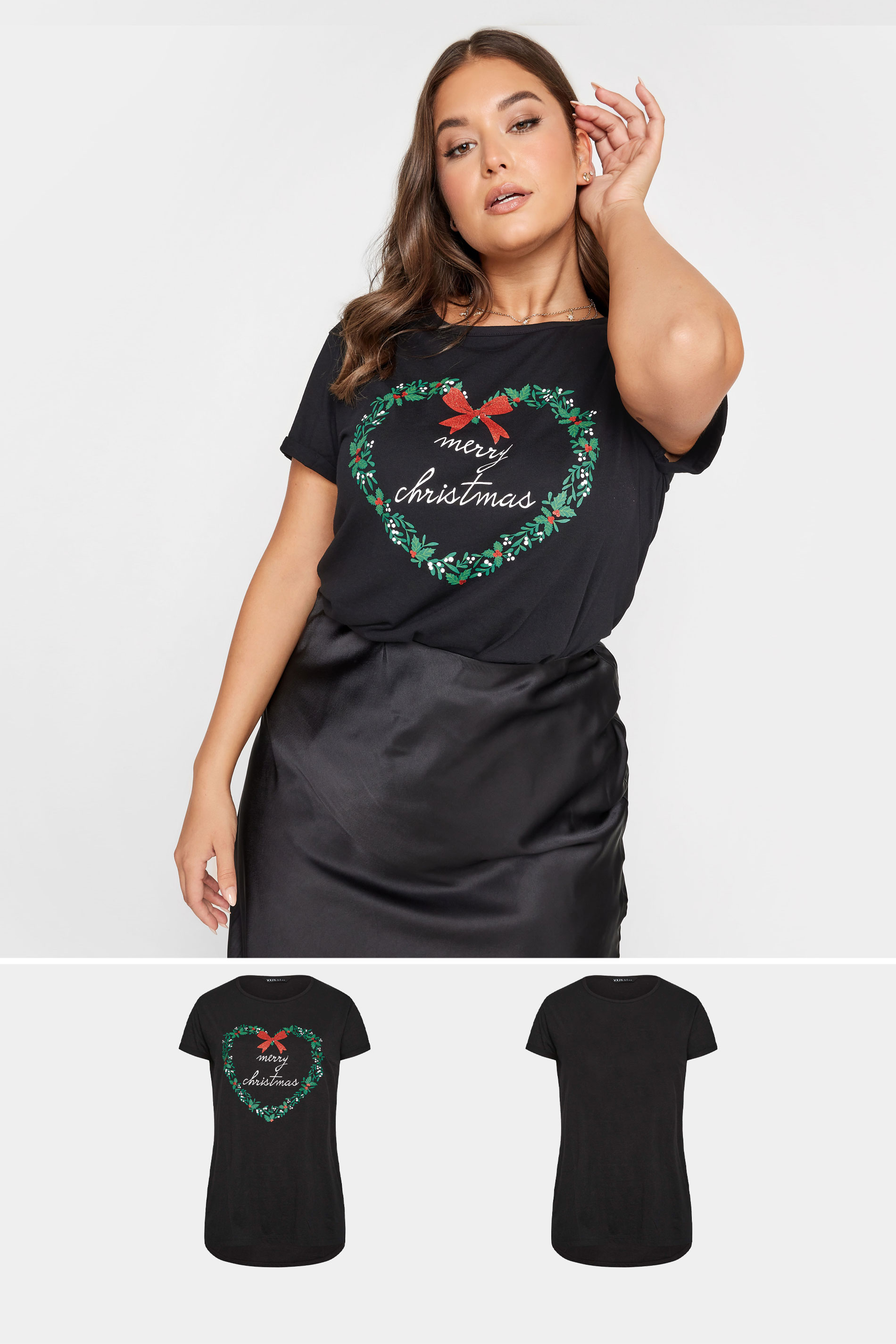 YOURS Plus Size 2 PACK Black 'Merry Christmas' Slogan Christmas T-Shirts | Yours Clothing 1