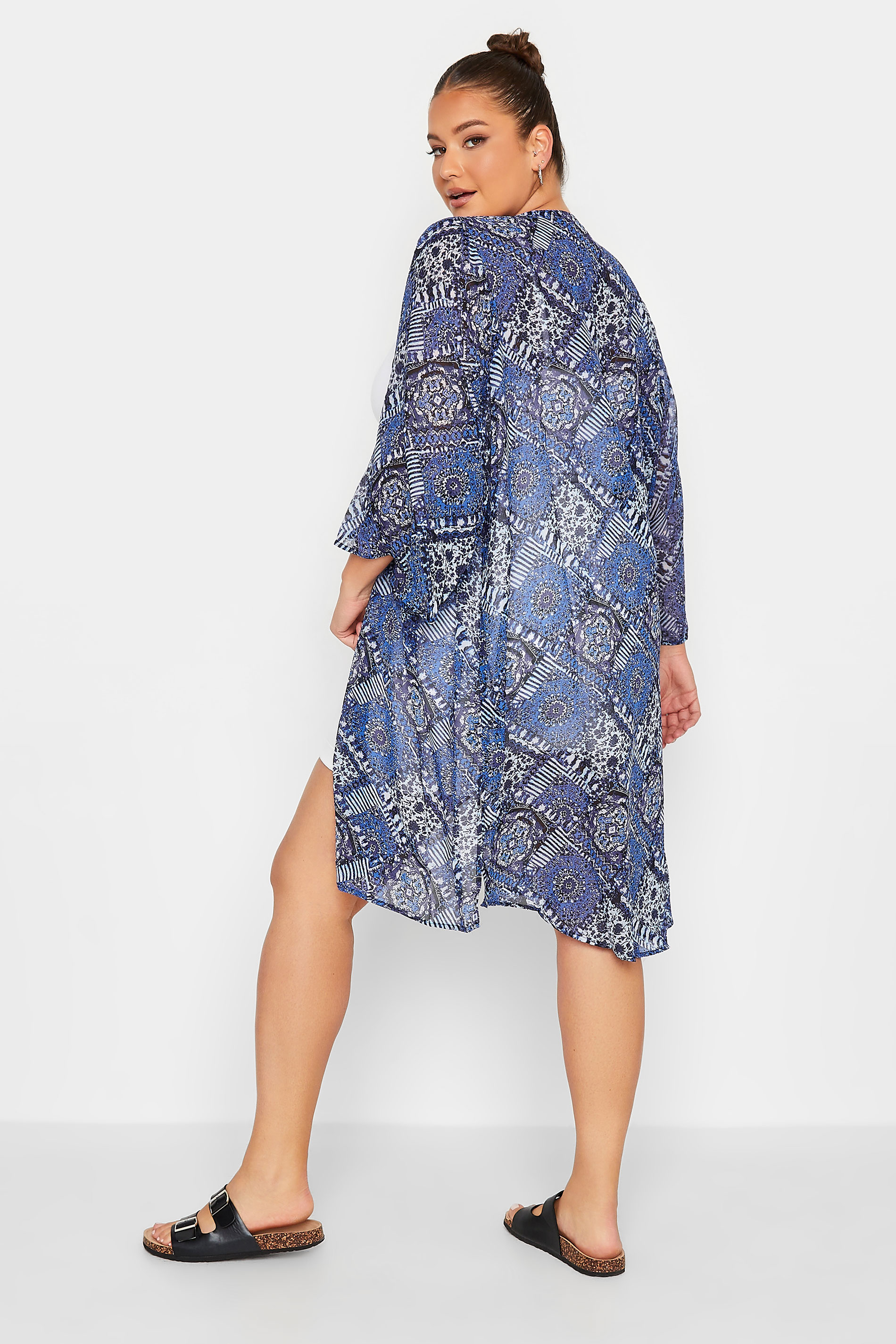 YOURS Curve Blue Tile Print Chiffon Kimono | Yours Clothing 3