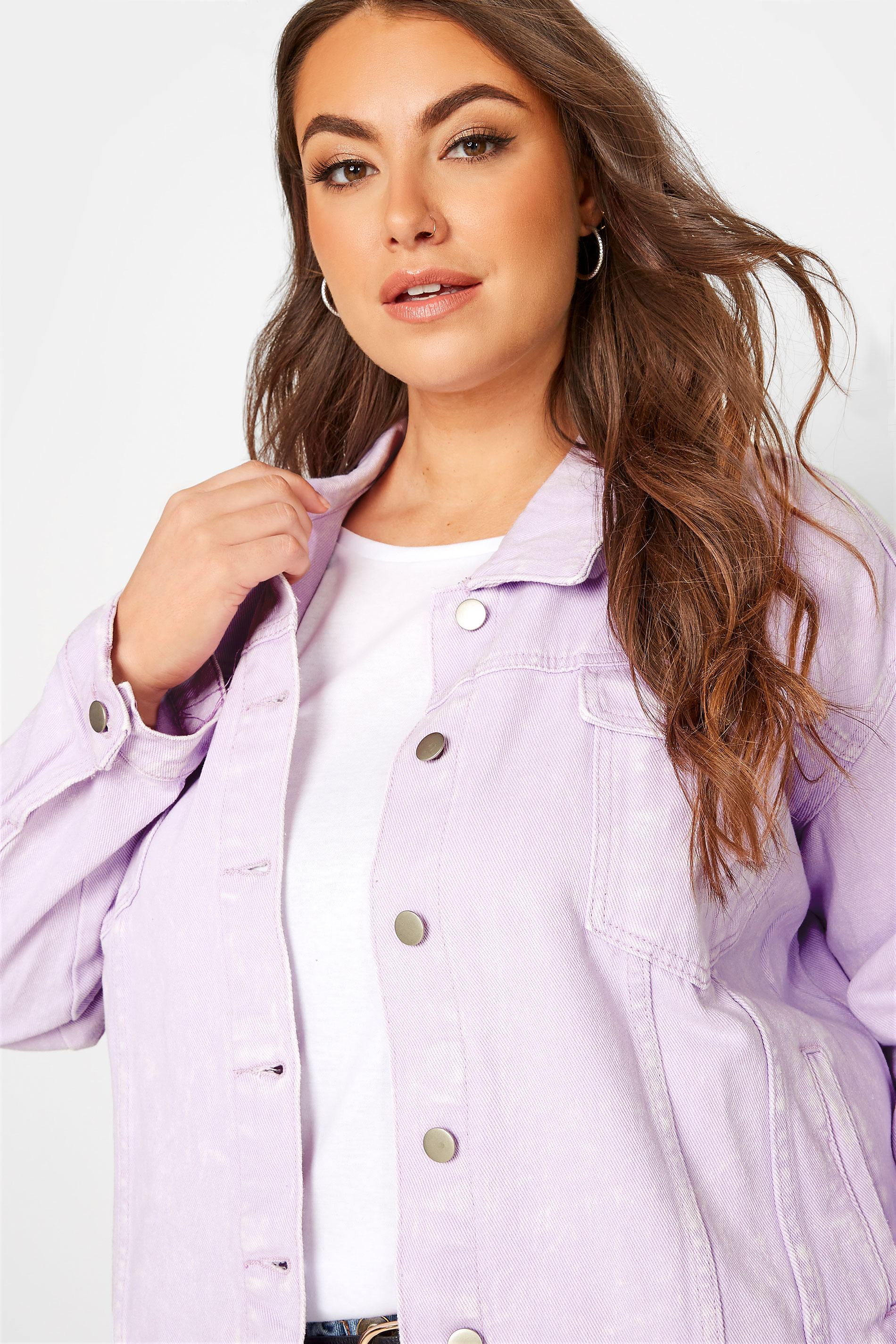 Woman Within Plus Size Long Stretch Denim Jacket  Oversized Jean Jacket -  34 W, Pretty Violet Purple 