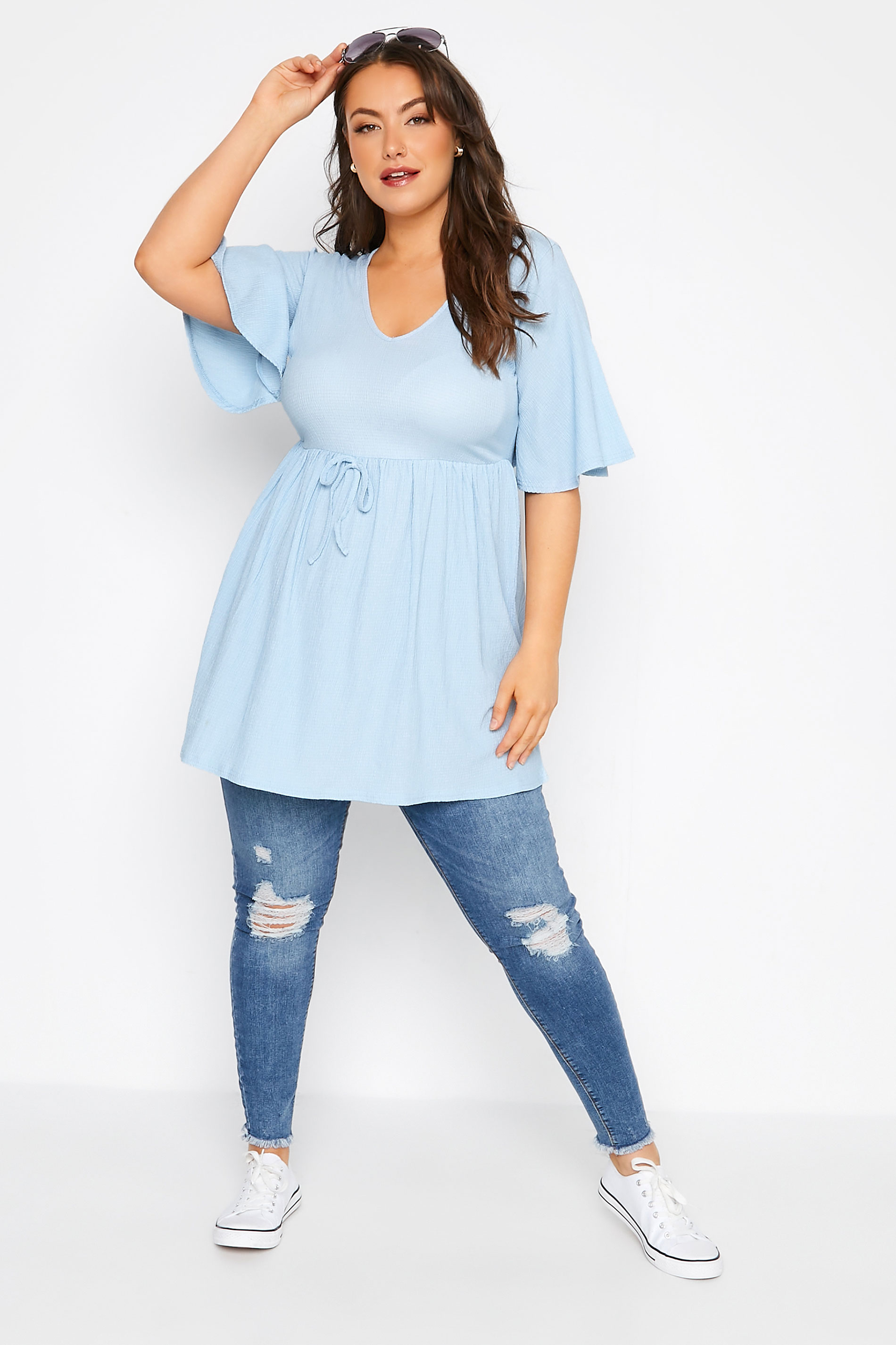 Grande taille  Tops Grande taille  Tops Casual | LIMITED COLLECTION - Top Bleu Ciel Manches Courtes Ficelle - ZX66275