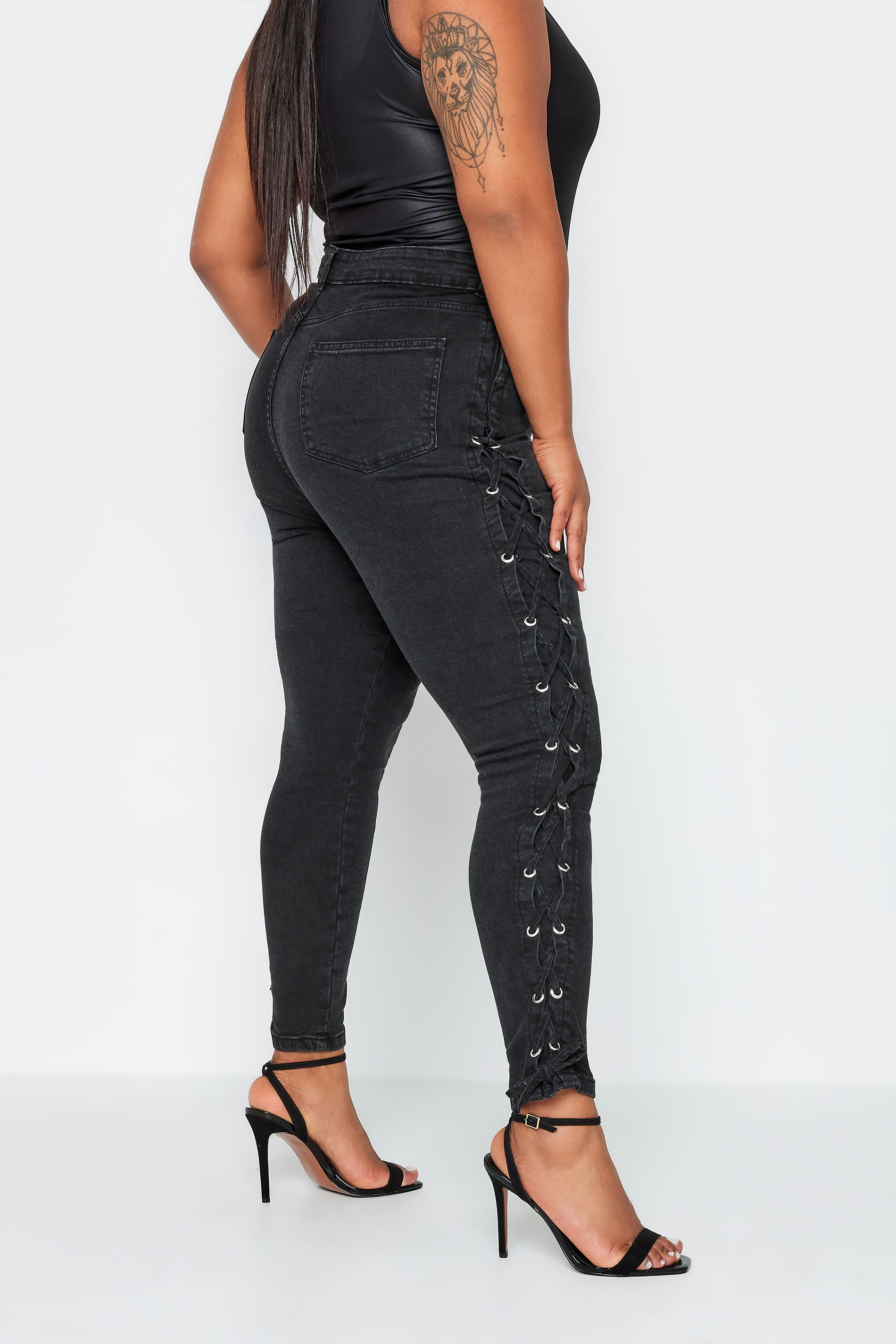YOURS Plus Size Black Lace Up Detail Skinny AVA Jeans | Yours Clothing 3