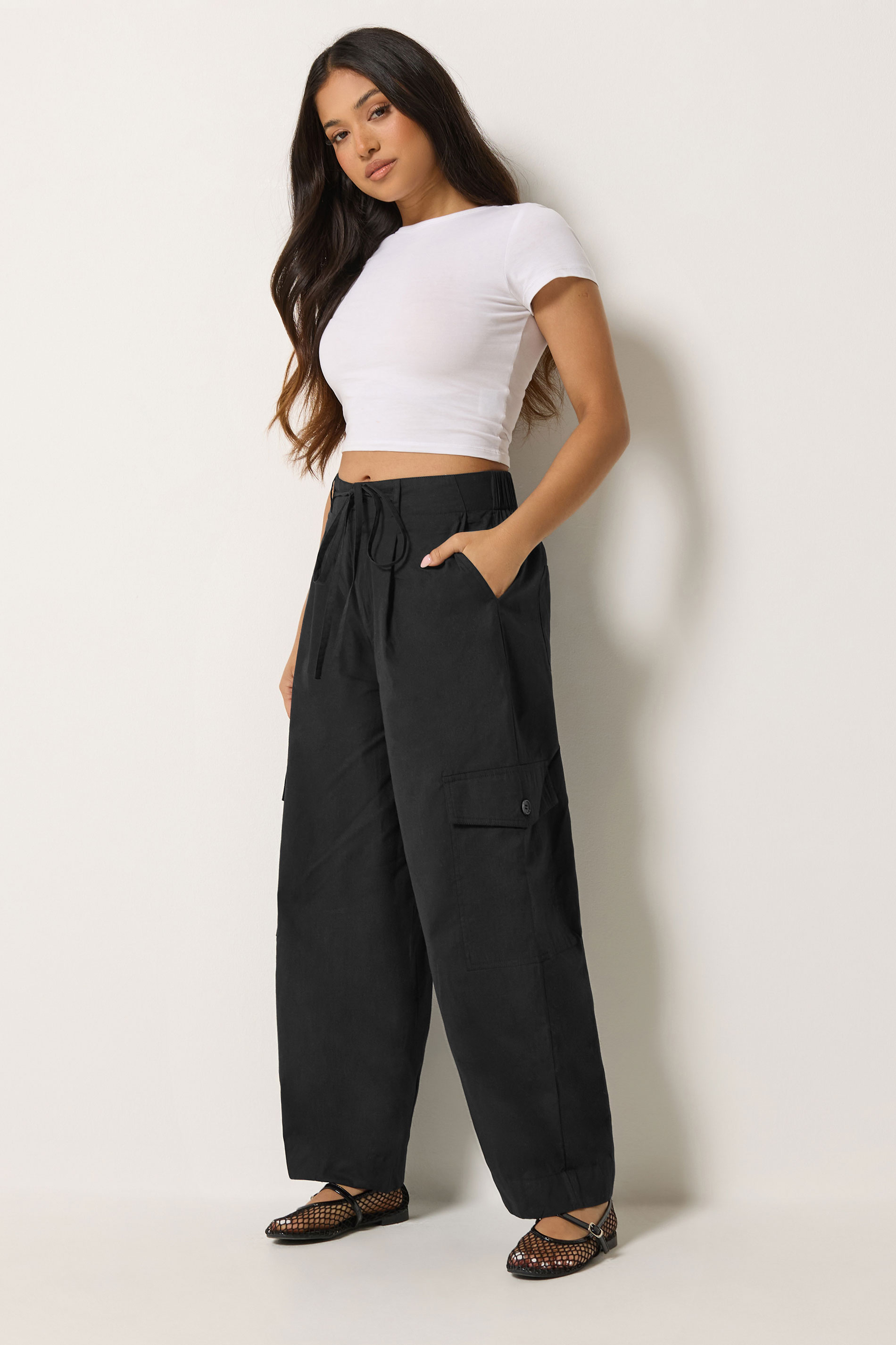 PixieGirl Petite Women's Black Poplin Cotton Cargo Barrel Leg Trousers | PixieGirl 3