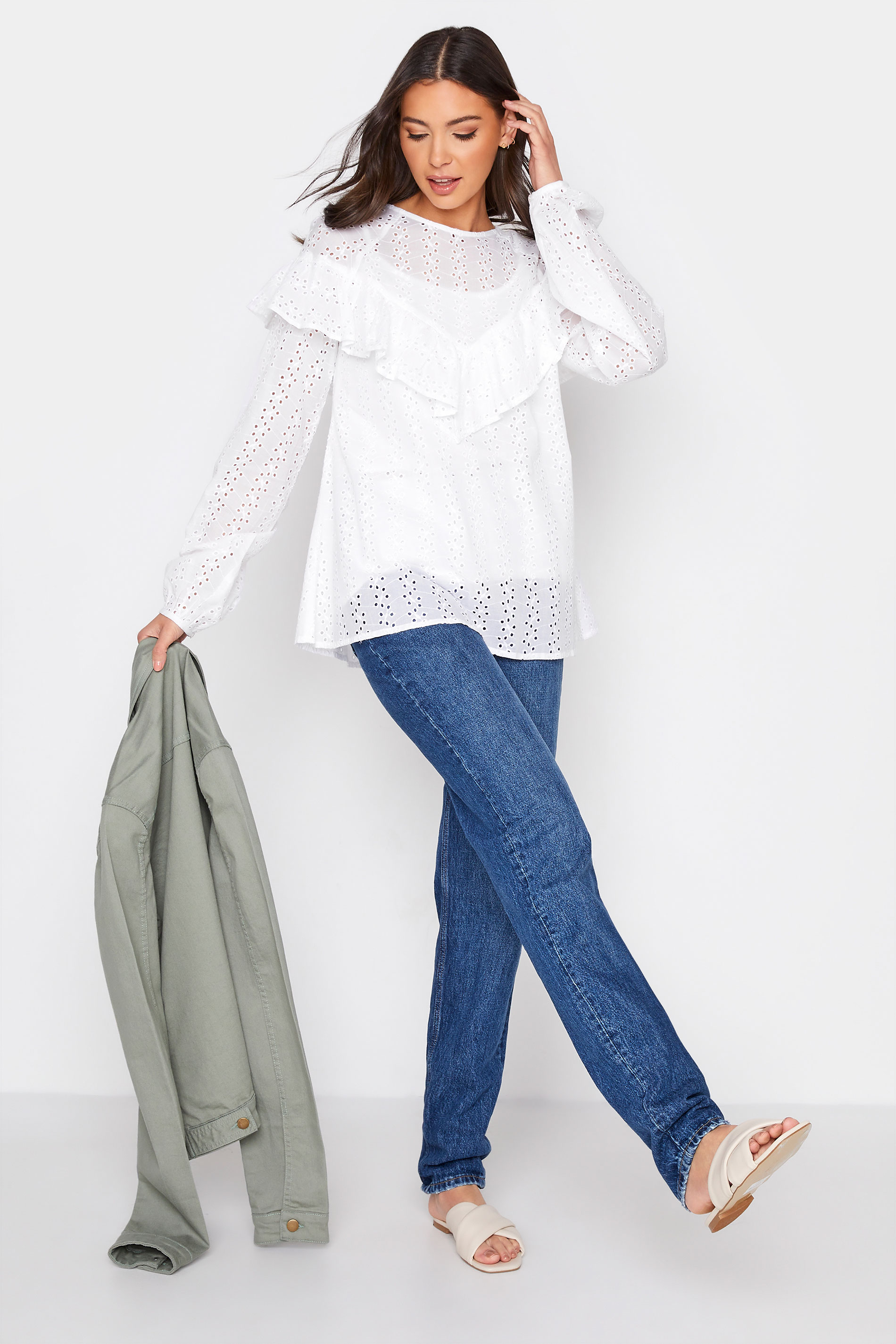 Tall Women's LTS White Broderie Anglaise Ruffle Top | Long Tall Sally 2