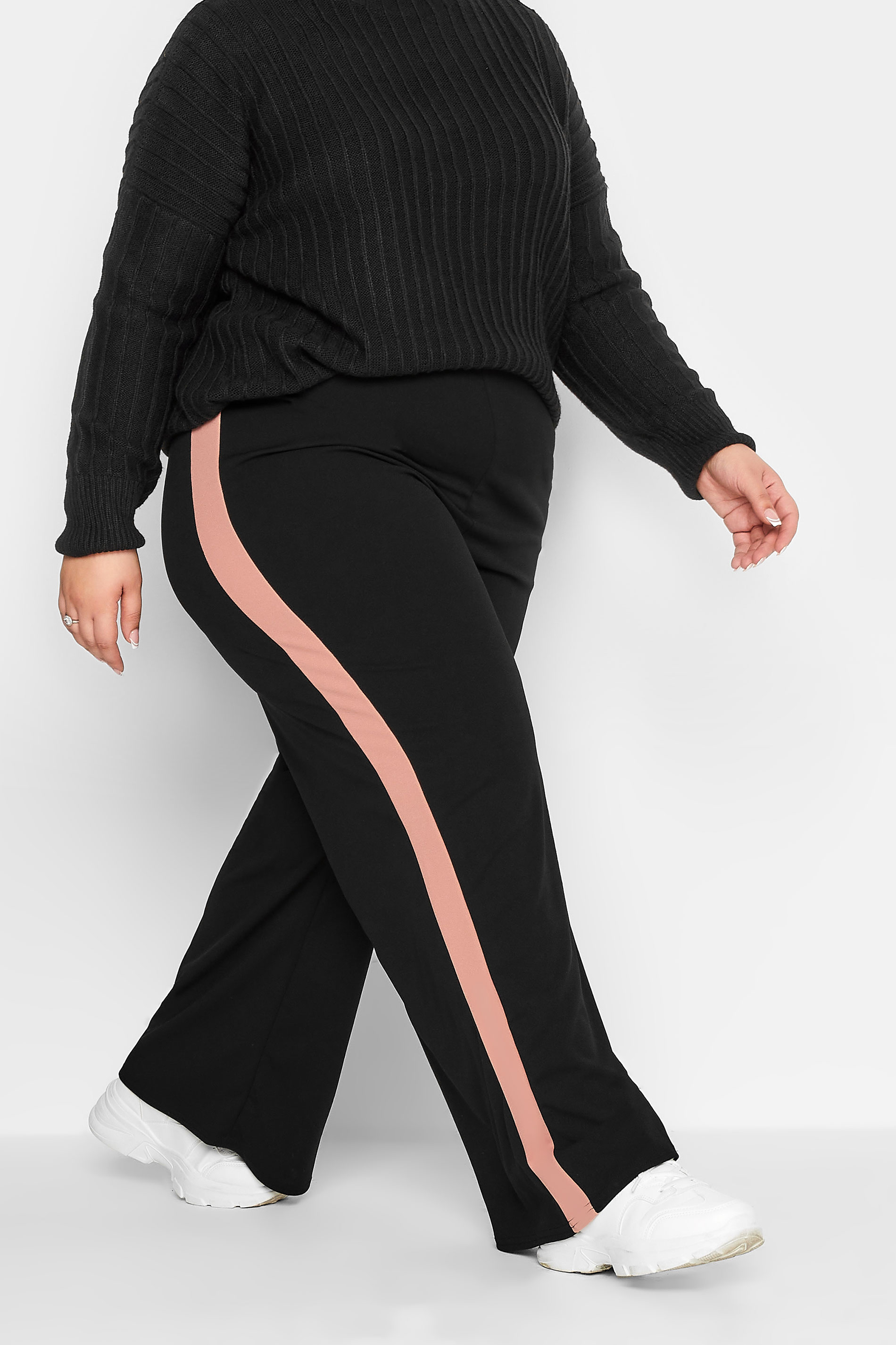Petite Black Block Stripe Wide Leg Trousers | PixieGirl 1
