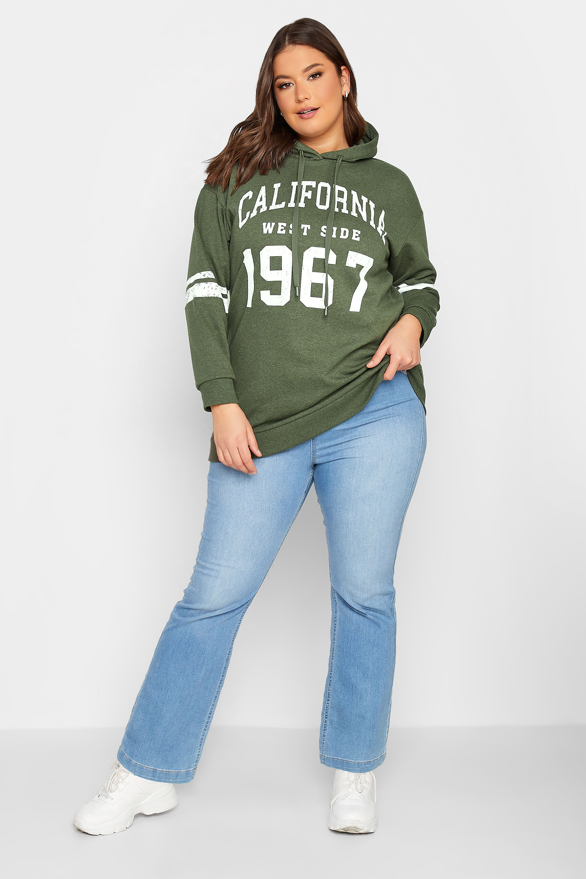 YOURS Plus Size Khaki Green 'California' Varsity Hoodie | Yours Clothing 2