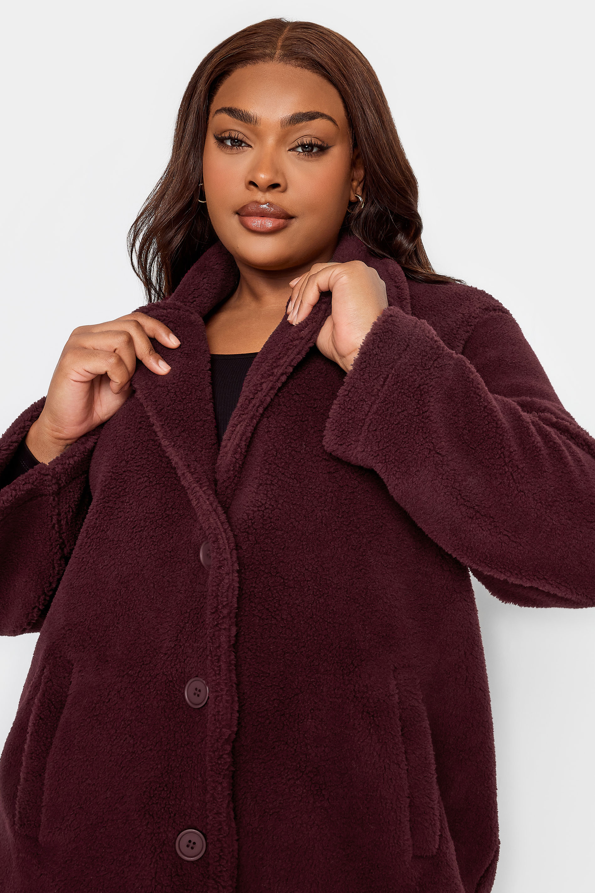 YOURS Curve Plus Size Dark Red Faux Fur Coat | Yours Clothing