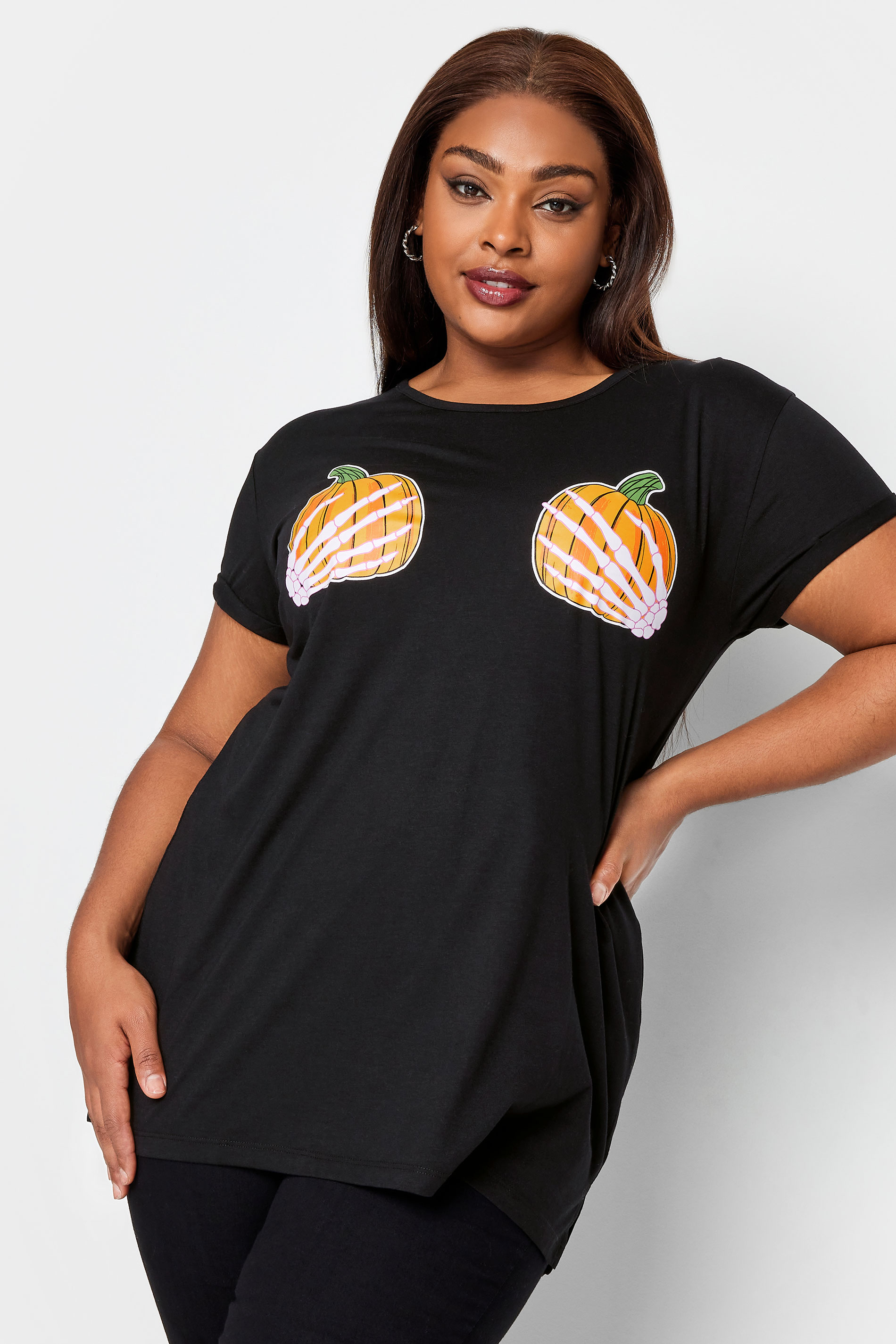 YOURS Plus Size Black Pumpkin Hands Novelty Halloween T-Shirt | Yours Clothing 2