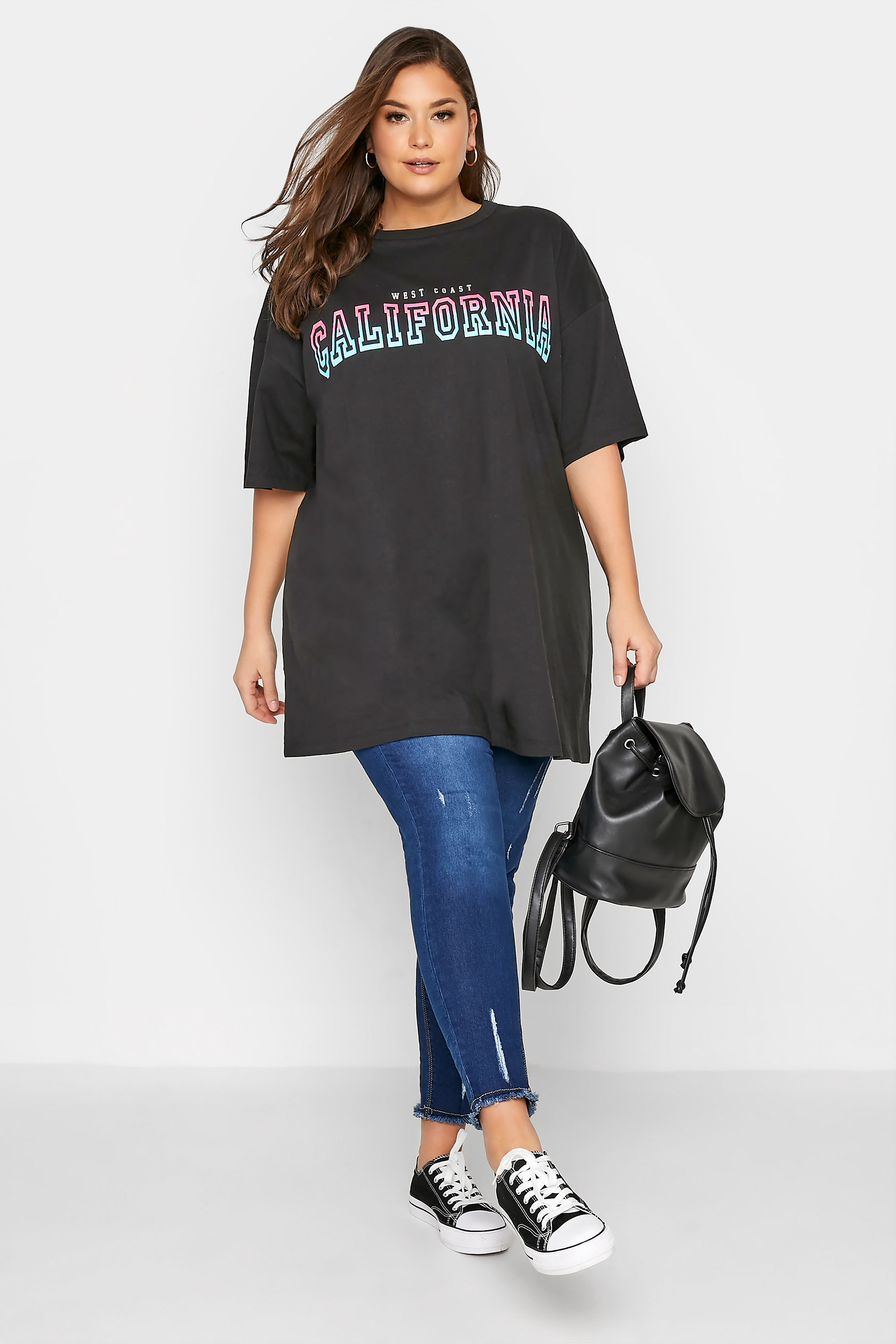 Grande taille  Tops Grande taille  Tops à Slogans | Robe-T-Shirt Noire Oversize 'California' - IF17289