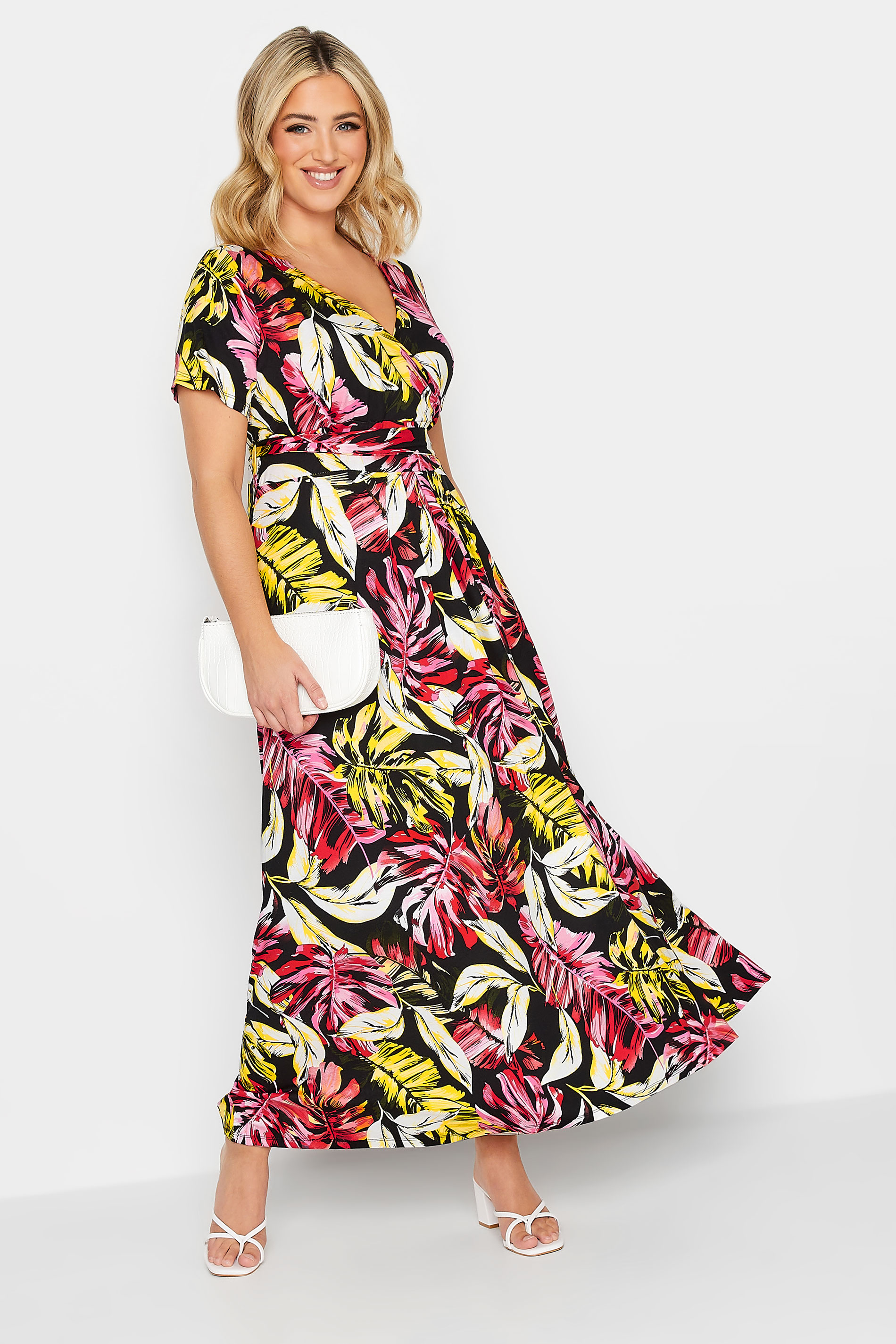 YOURS Plus Size Black Leaf Print Front Tie Maxi Dress | Yours Clothing 2