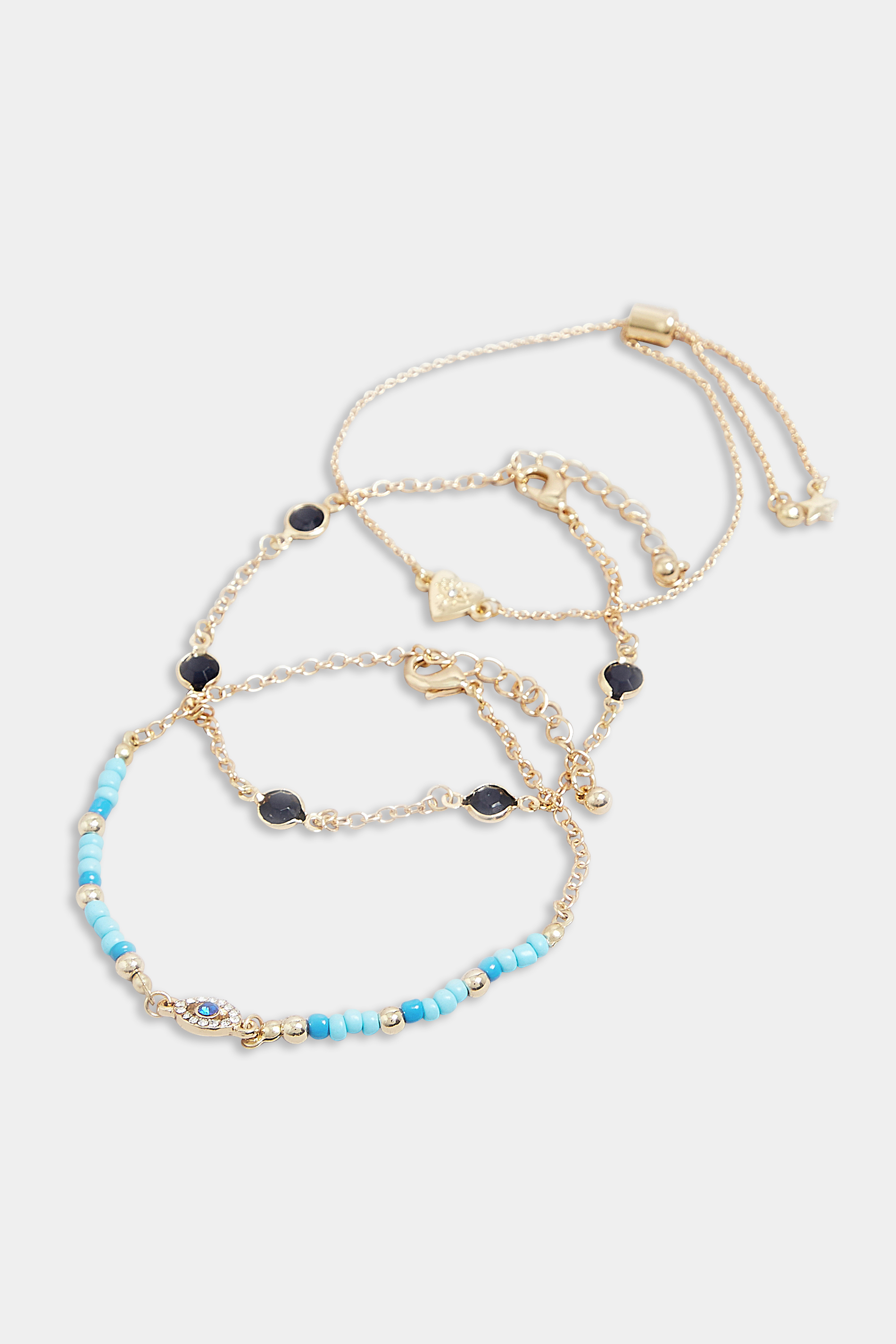 3 PACK Gold & Blue Diamante Bead Heart Bracelet Set | Yours Clothing  2