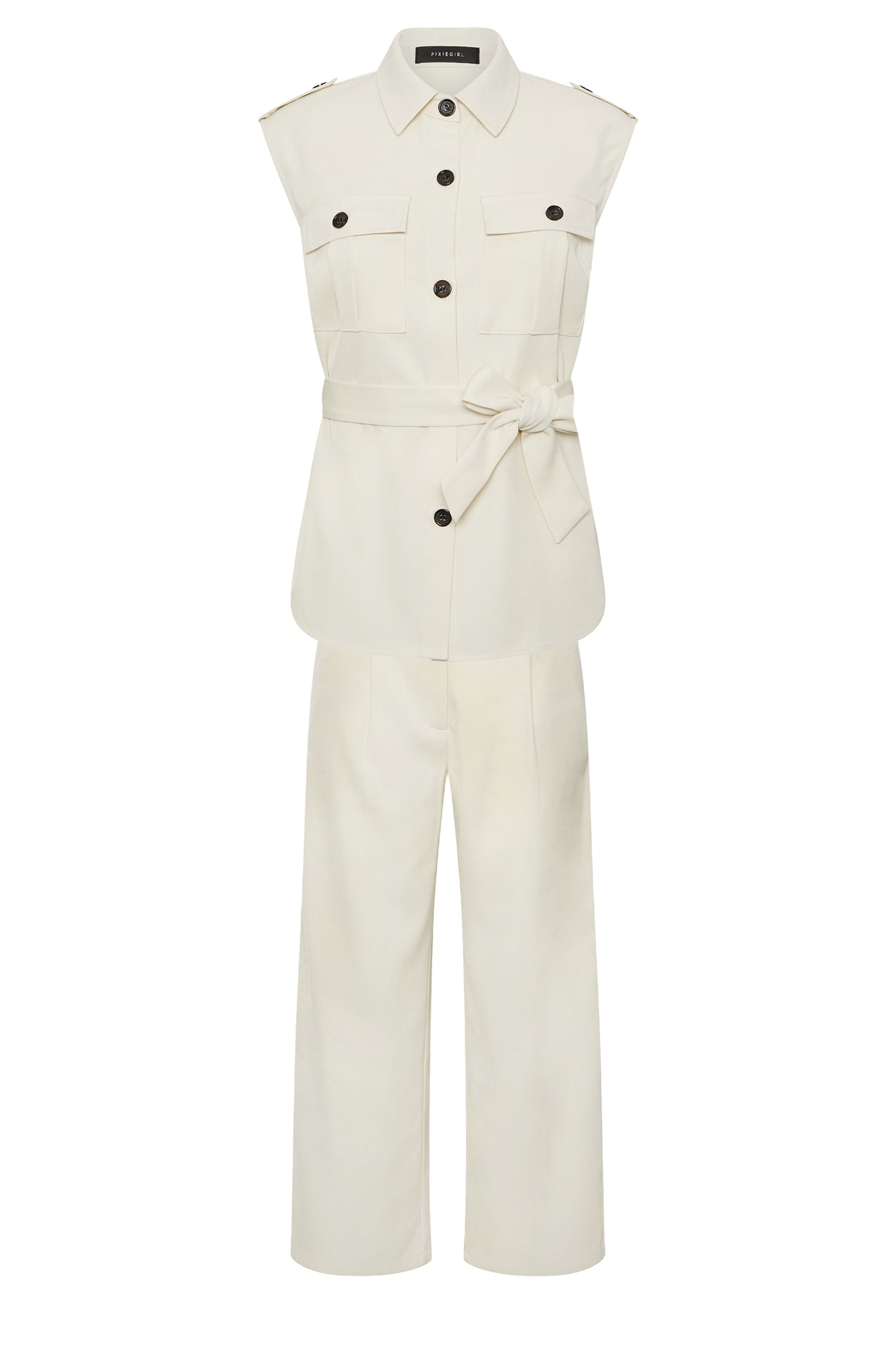 PixieGirl Petite Women's Set Ivory White Belted Utility Shirt & Wide Leg Trousers | PixieGirl 7