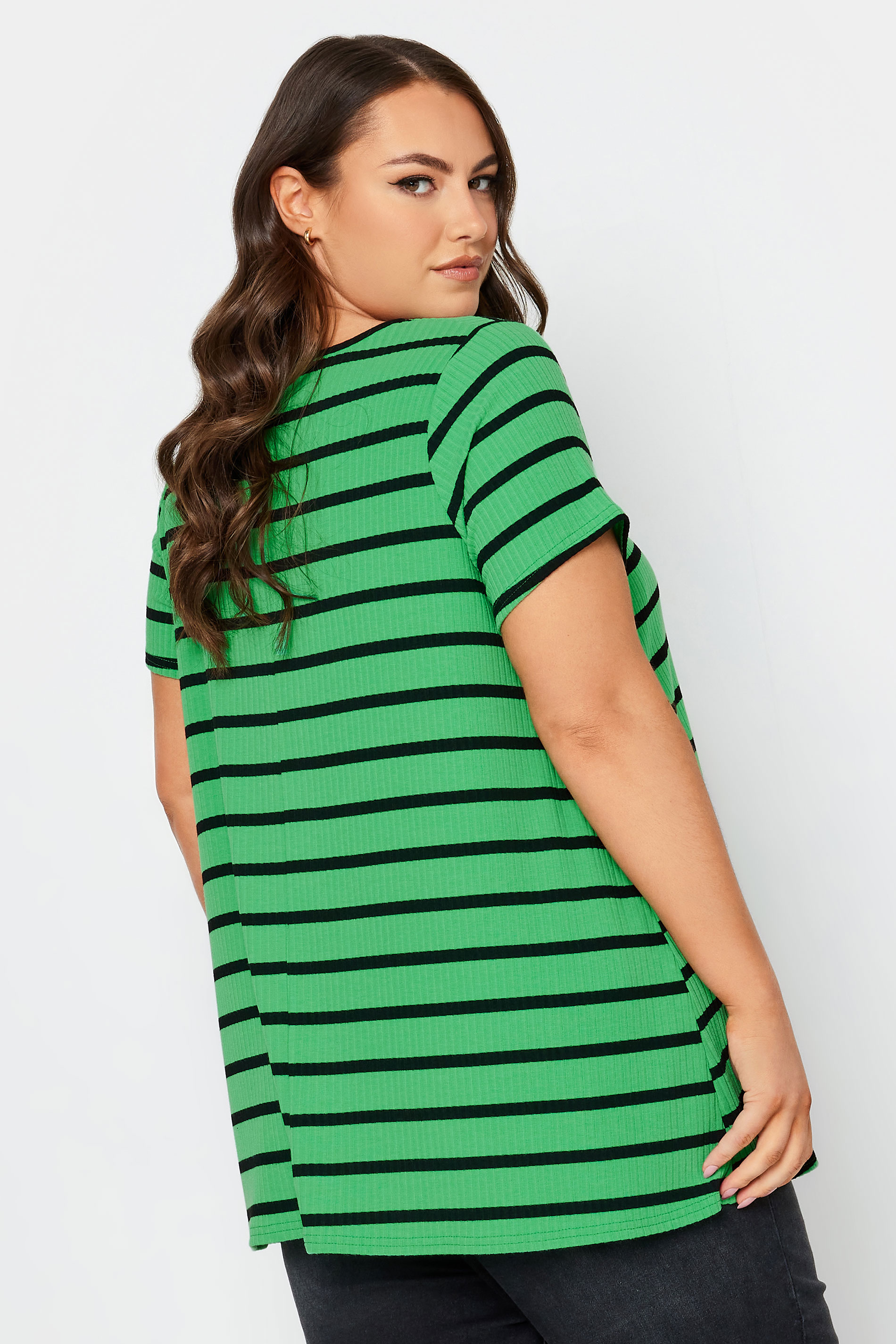 YOURS Curve Plus Size Green Stripe Ribbed Swing T-Shirt | Yours Clothing  3