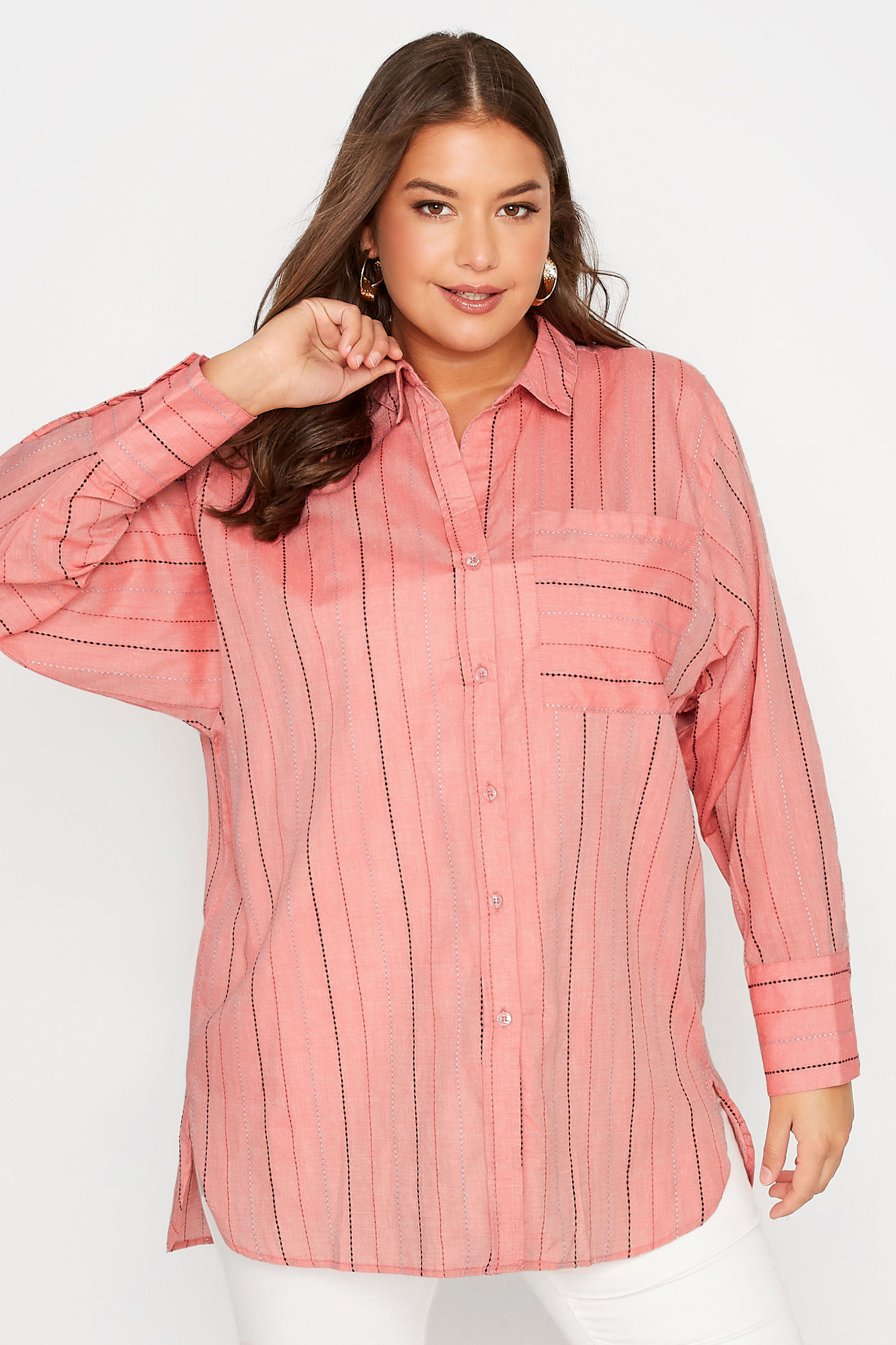 Plus Size Pink Stripe Pocket Oversized Shirt | Yours Clothing 3