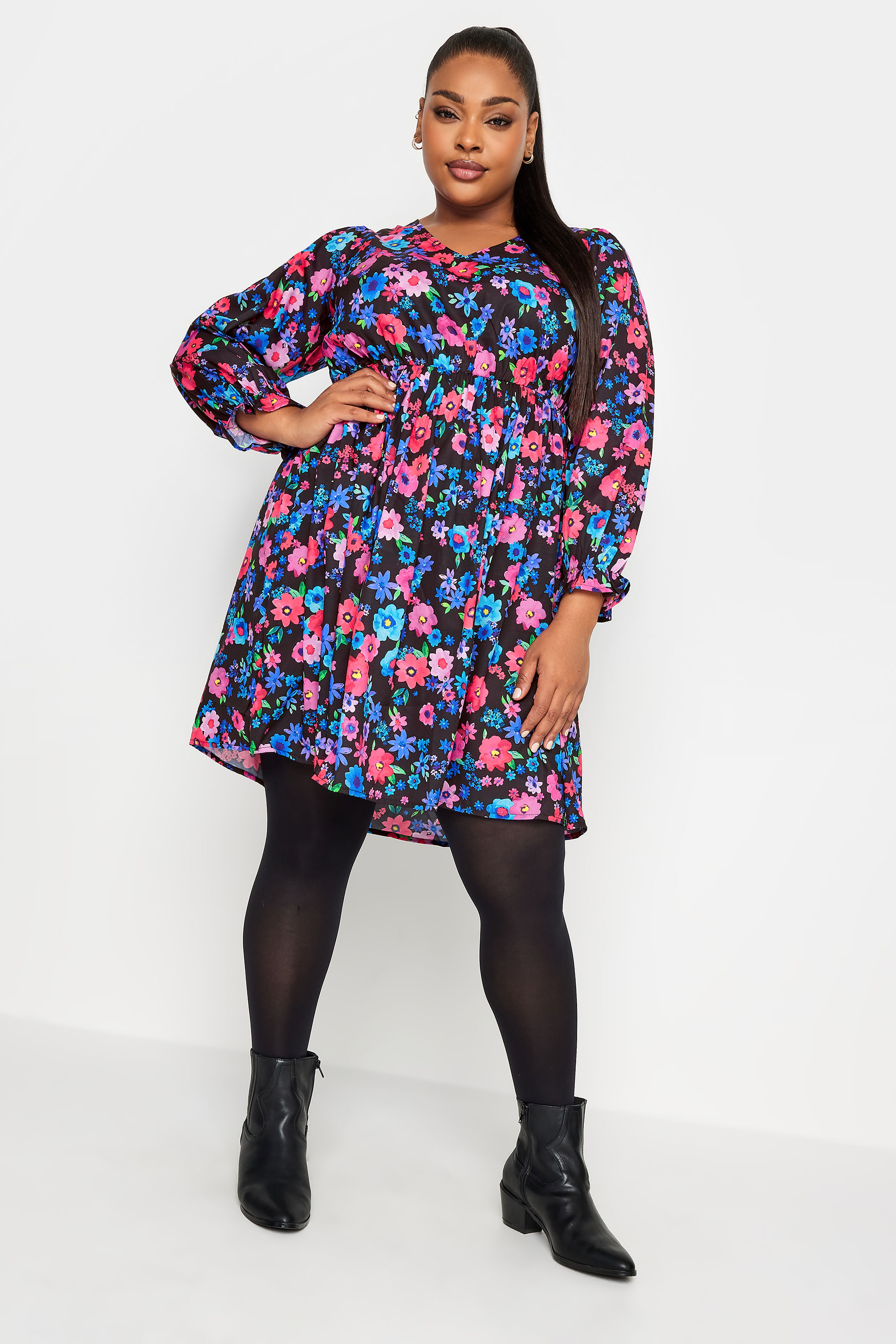LIMITED COLLECTION Plus Size Black Floral Print Mini Dress | Yours Clothing  1