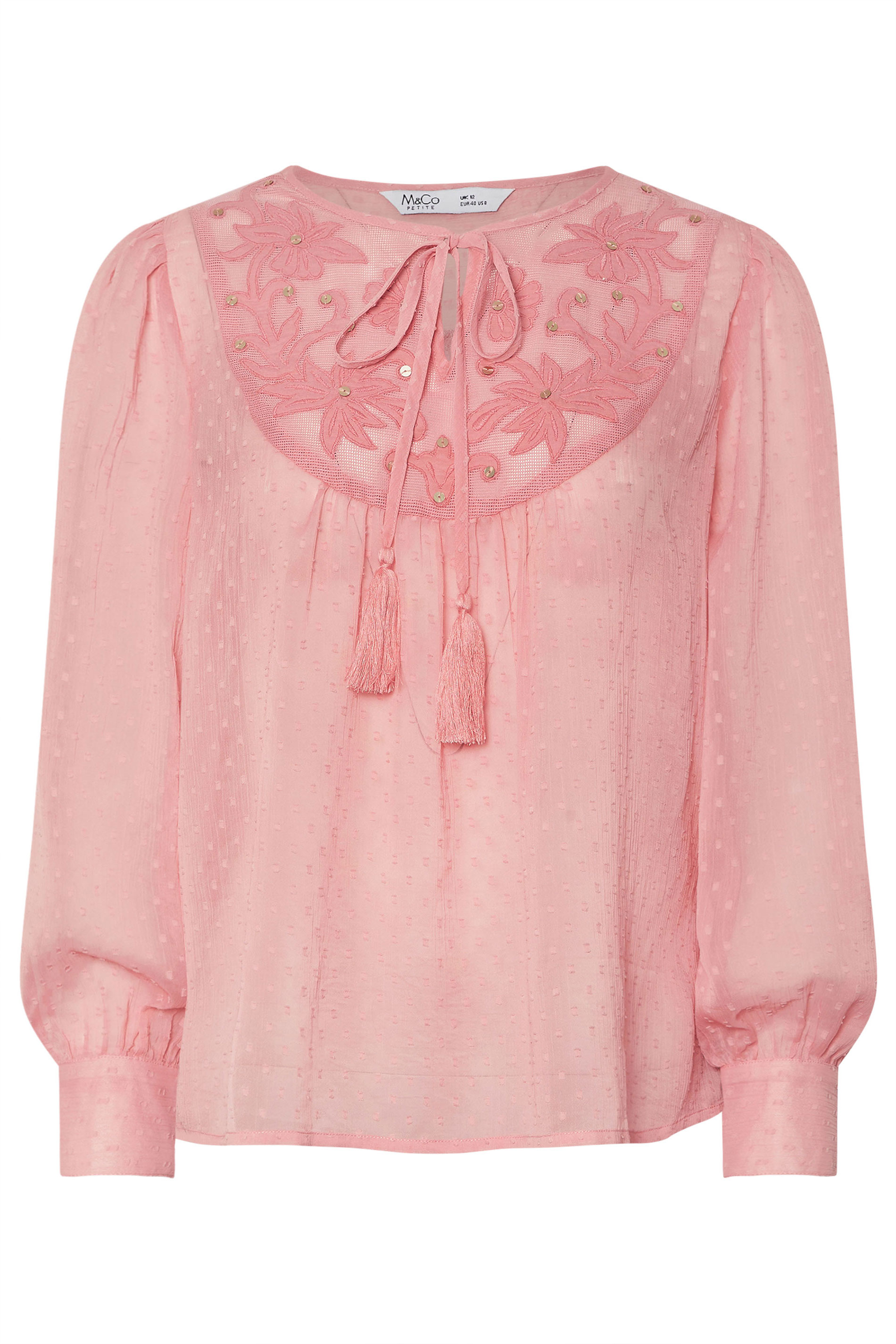 M&Co Petite Blush Pink Floral Embroidered Tie Neck Blouse | M&Co 5