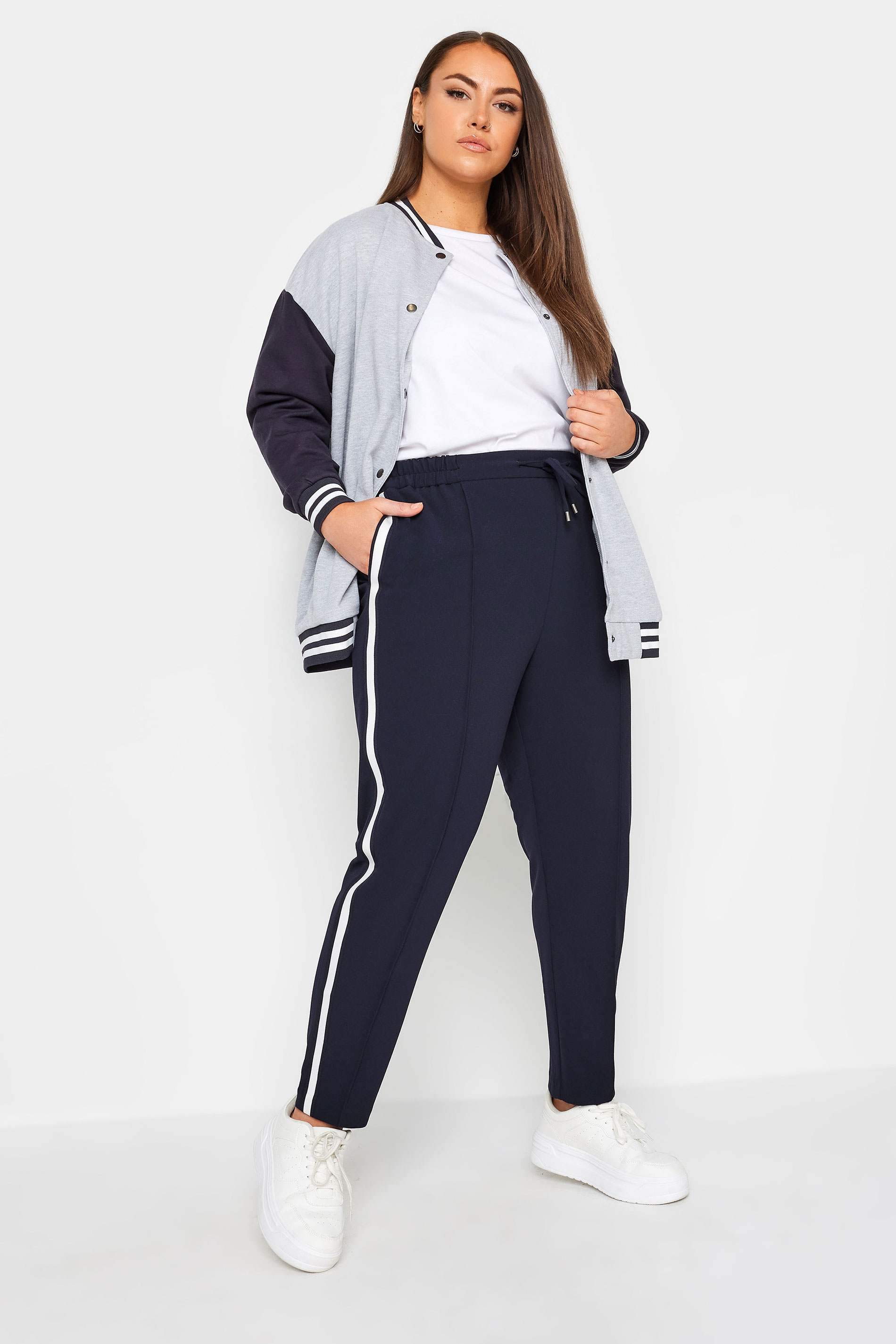 YOURS Plus Size Navy Blue Side Stripe Straight Leg Joggers | Yours Clothing 2