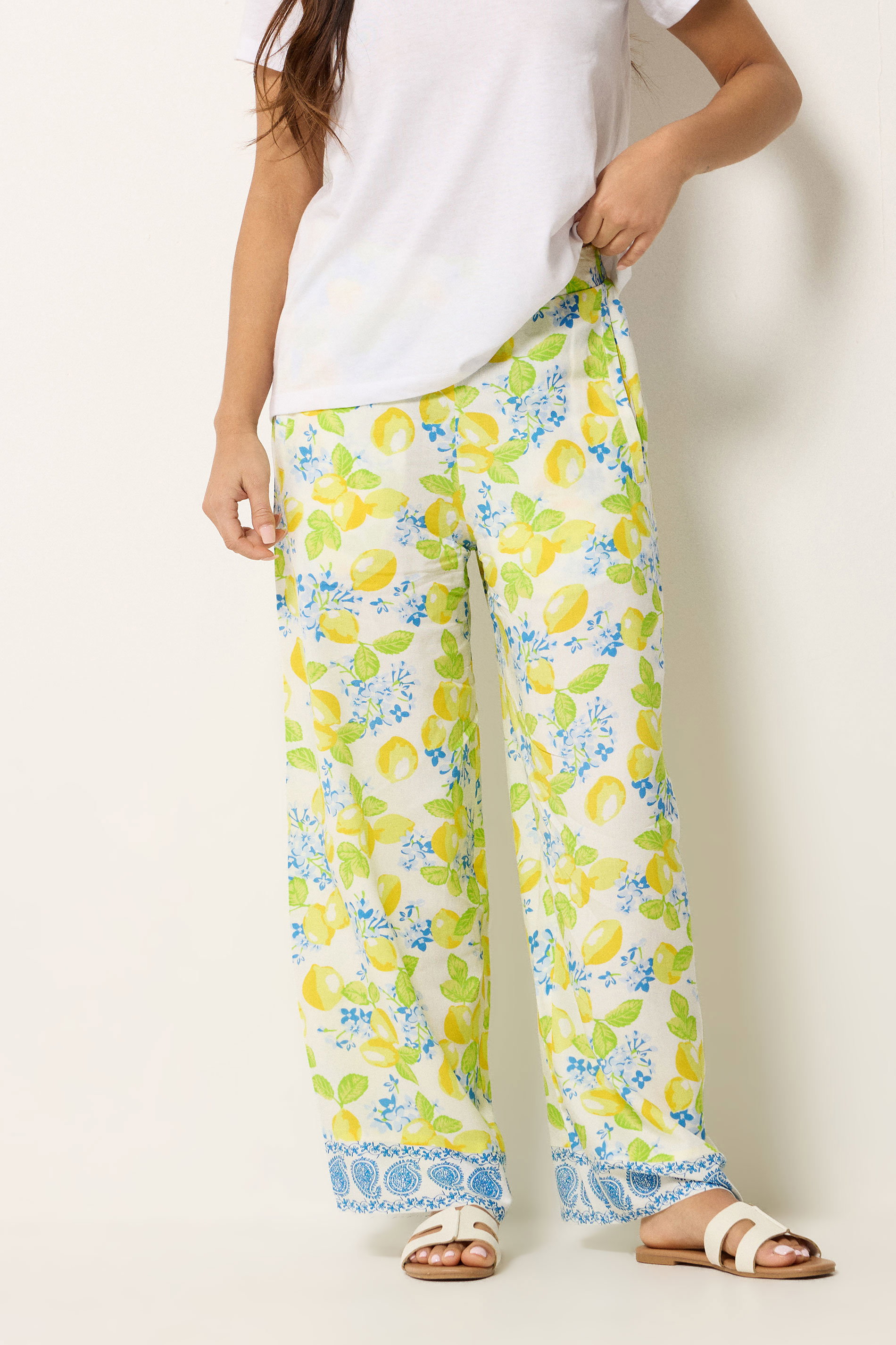 PixieGirl Petite Women's Yellow Lemon Print Wide Leg Trousers | PixieGirl 1