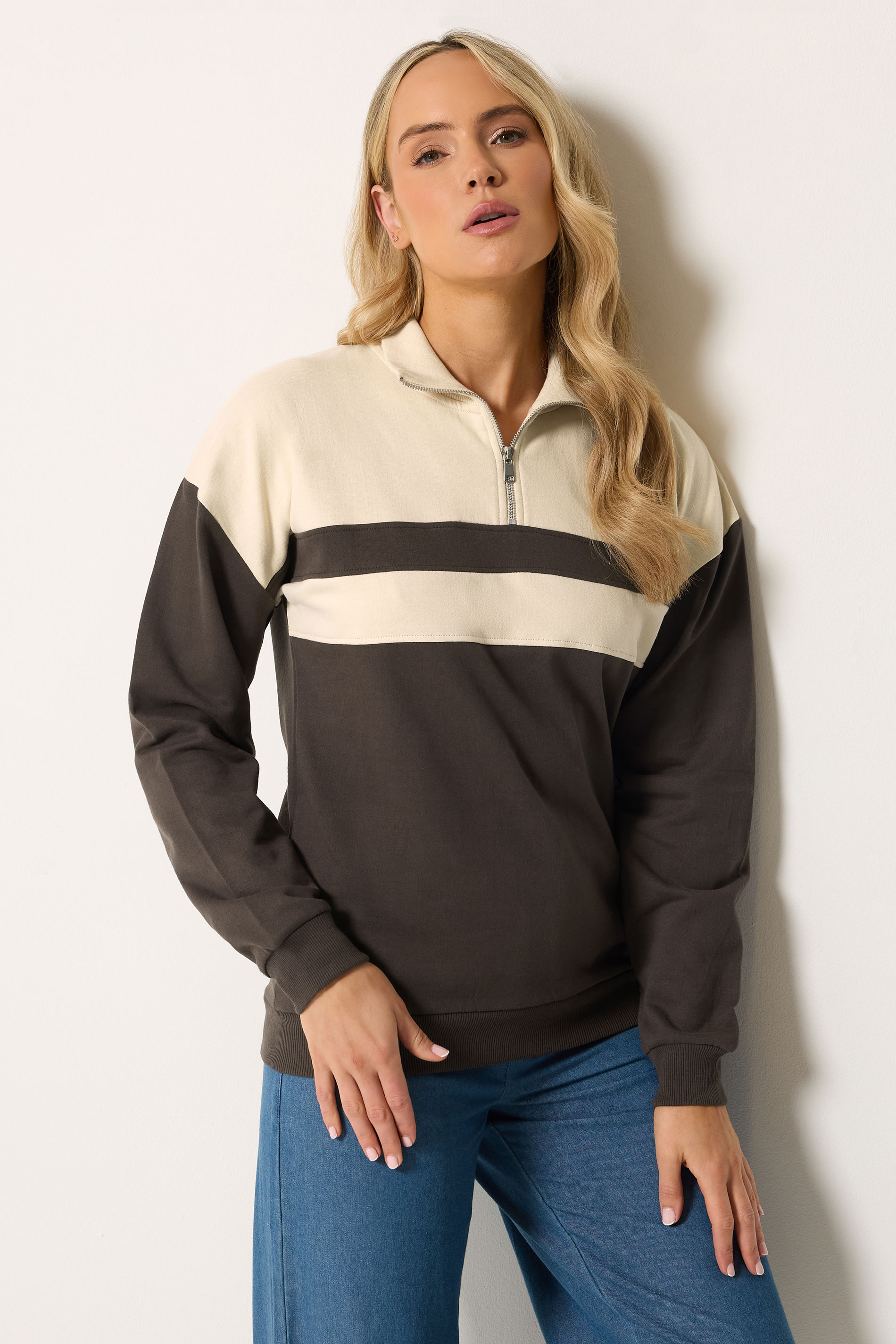 LTS Tall Women's Brown Colour Block Half Zip Sweatshirt | Long Tall sally 3
