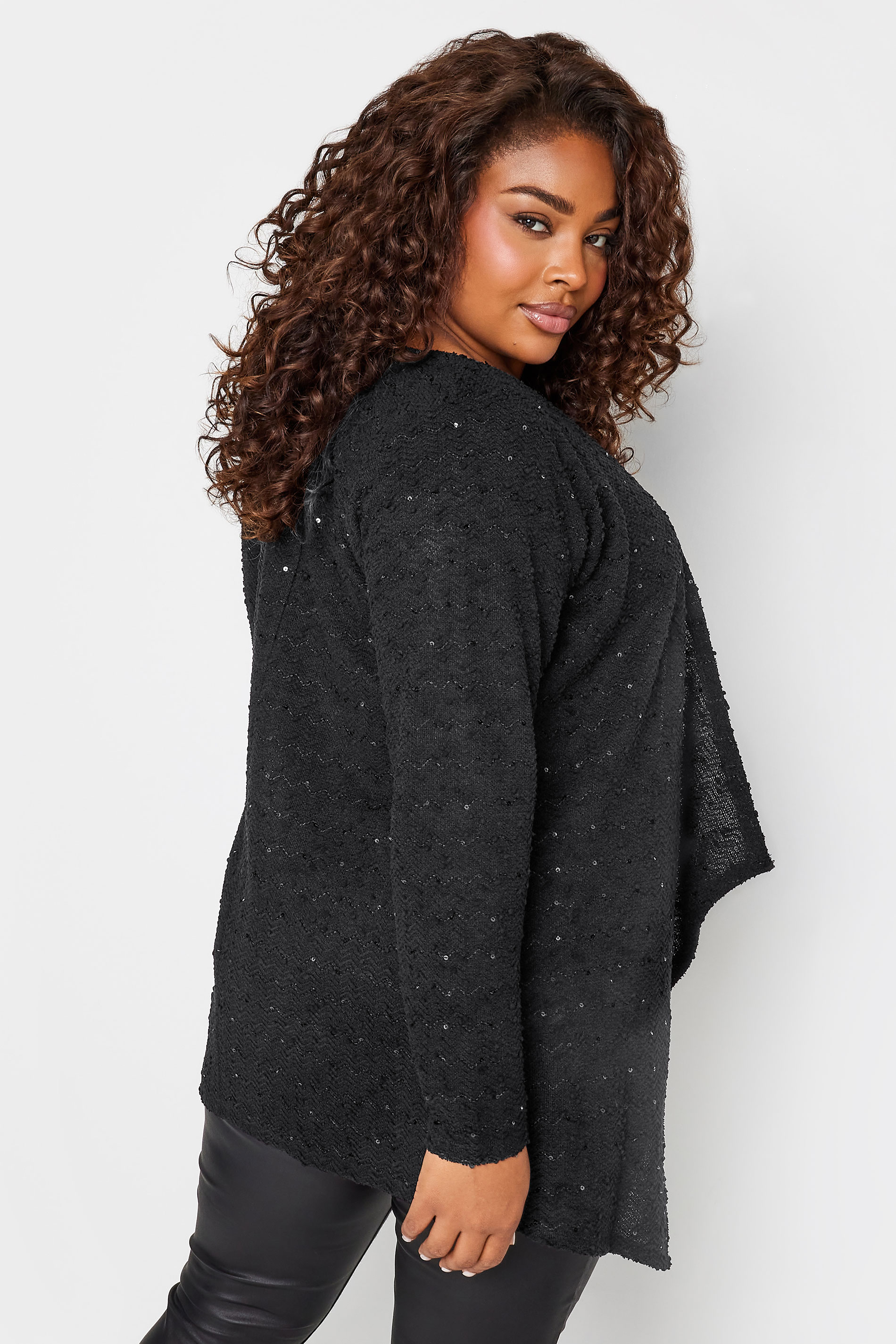 YOURS Plus Size Black Sequin Waterfall Cardigan | Yours Clothing 3